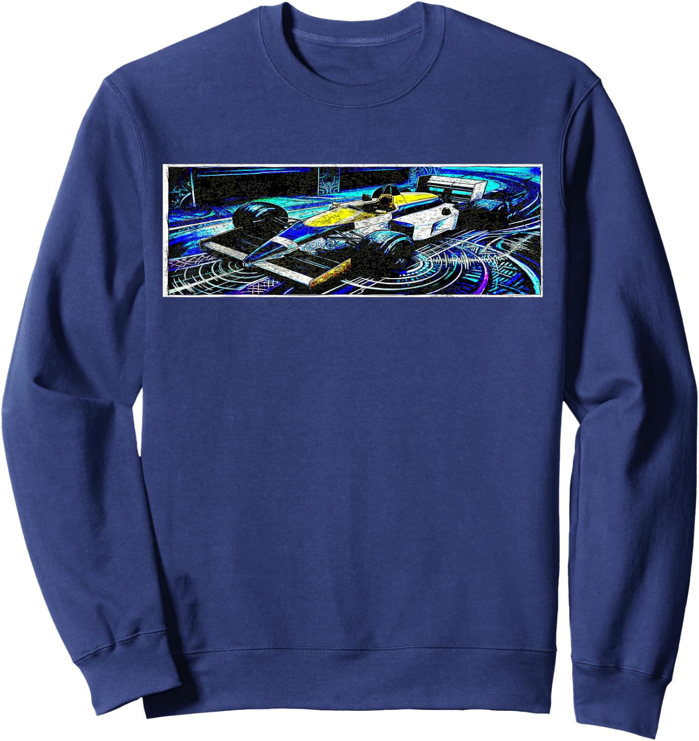 Dark Retro Racing Car Psychedelic Synthwave Graphic Sweatshirt - Sweatshirt | Navy