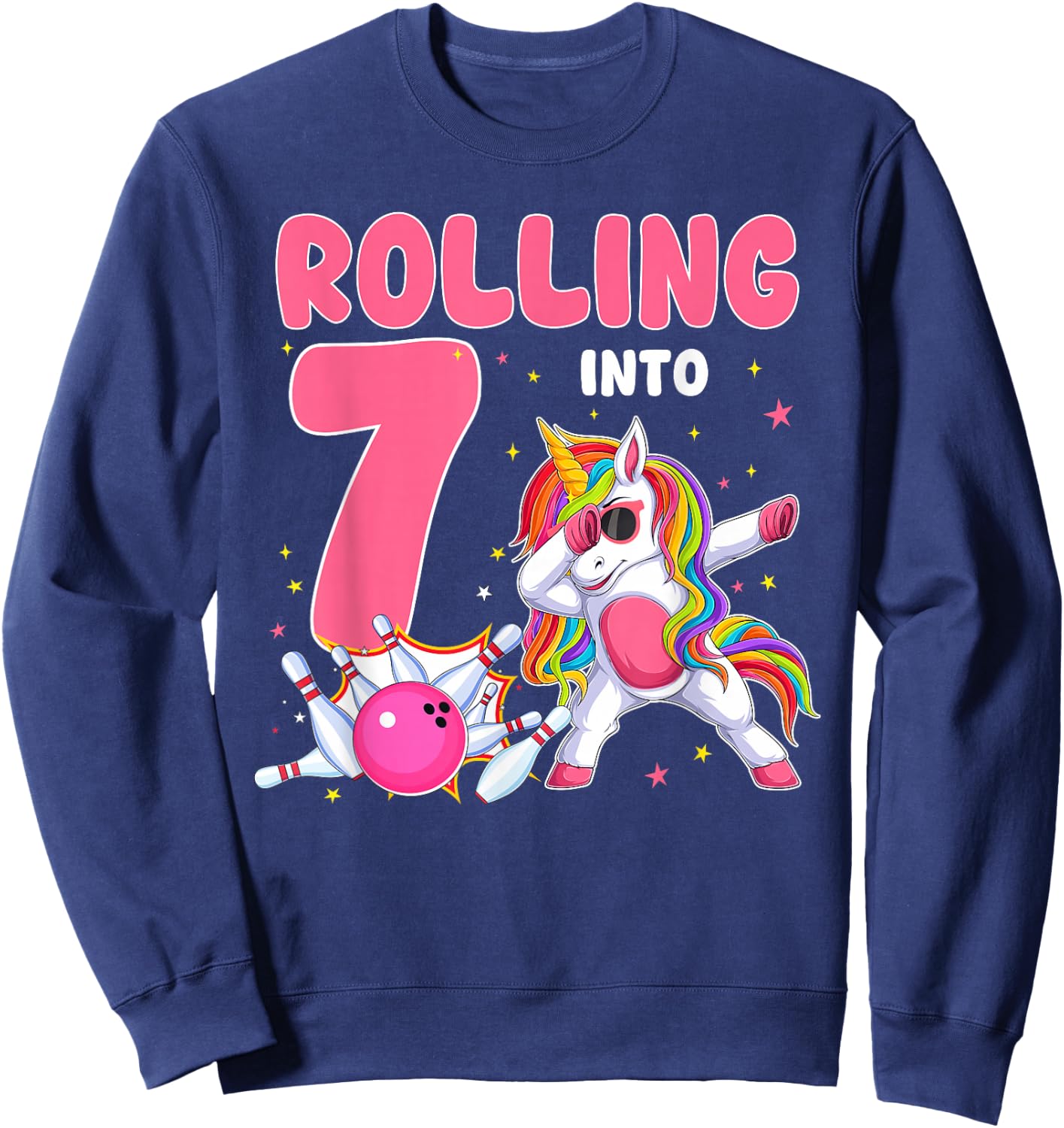 Rolling Into 7 7th Birthday Unicorn Bowling 7 Year Old Sweatshirt - Sweatshirt | Navy