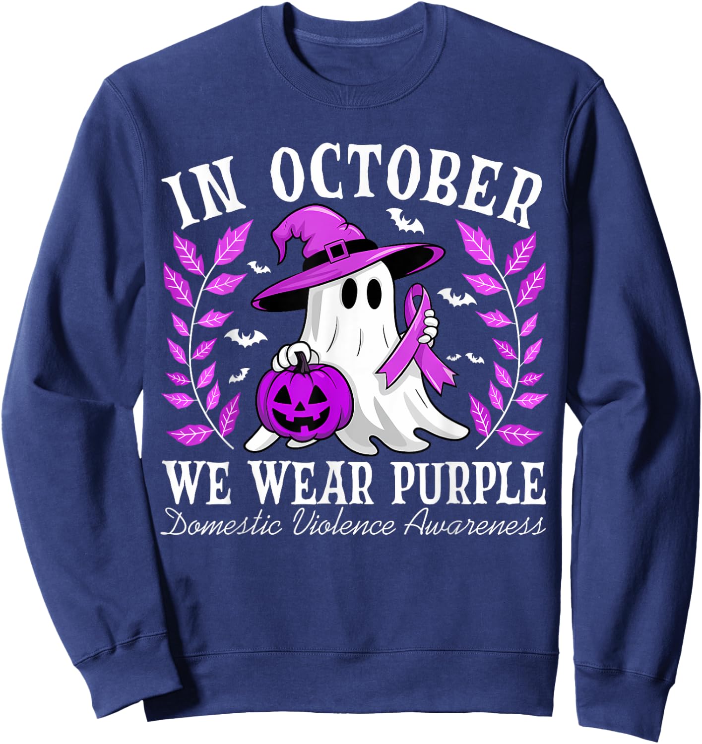 In October We Wear Purple Domestic Violence Ghost Halloween Sweatshirt - Sweatshirt | Navy