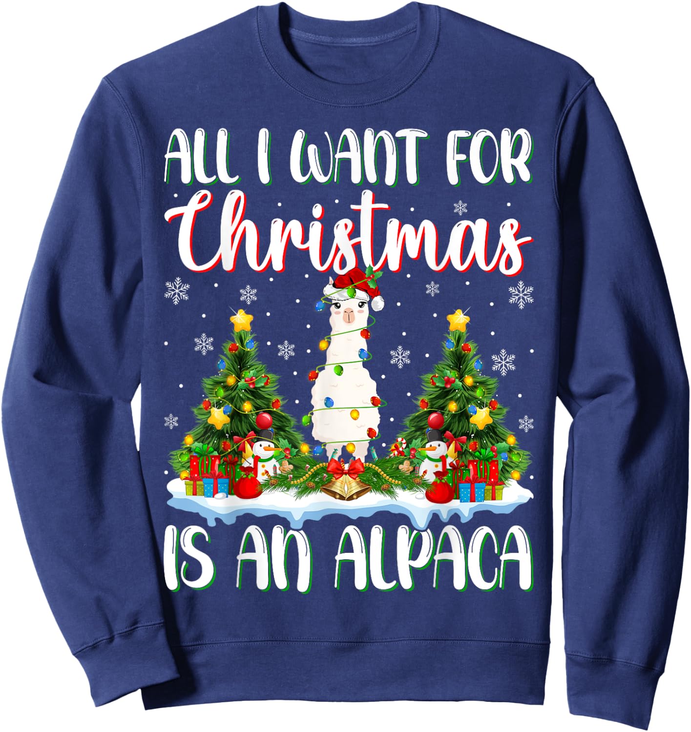 I Want For Christmas Is A Alpaca Xmas Tree Lights Sweatshirt - Sweatshirt | Navy