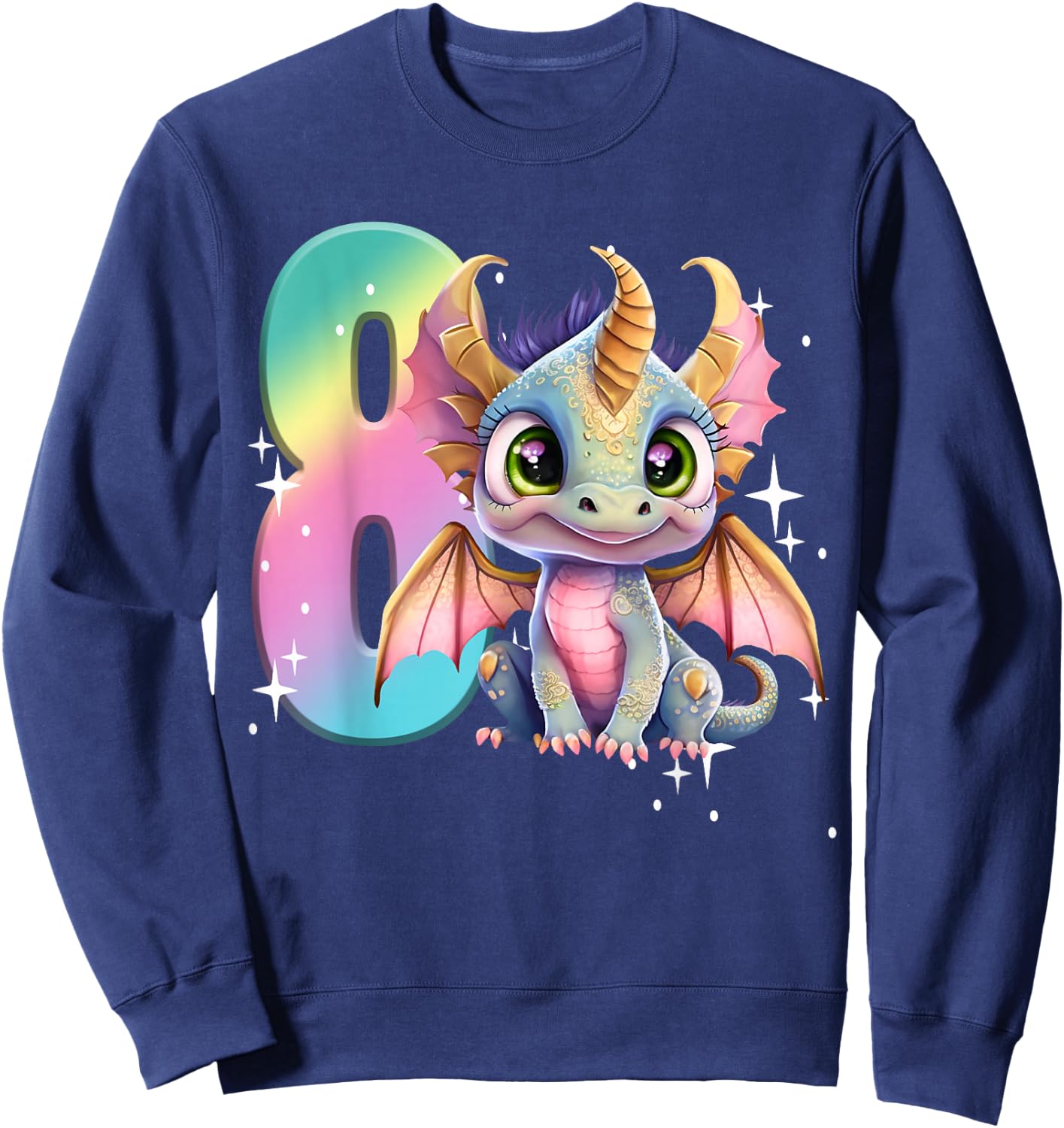 8th Birthday Shirt Girl Dragon Birthday Outfit Rainbow Eight Sweatshirt - Sweatshirt | Navy