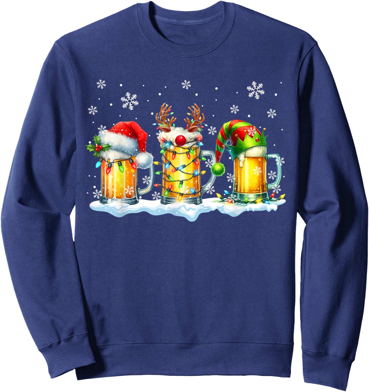 Three Glasses Beer Santa Reindeer, Elf, Christmas Drunk , Black, S Sweatshirt - Sweatshirt | Navy