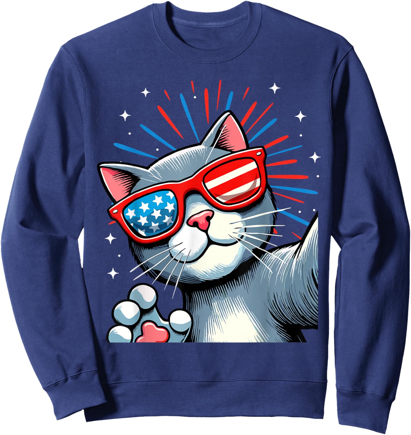 Cat Selfie with Fireworks American Flag 4th Of July Women Kids Men Sweatshirt - Sweatshirt | Navy