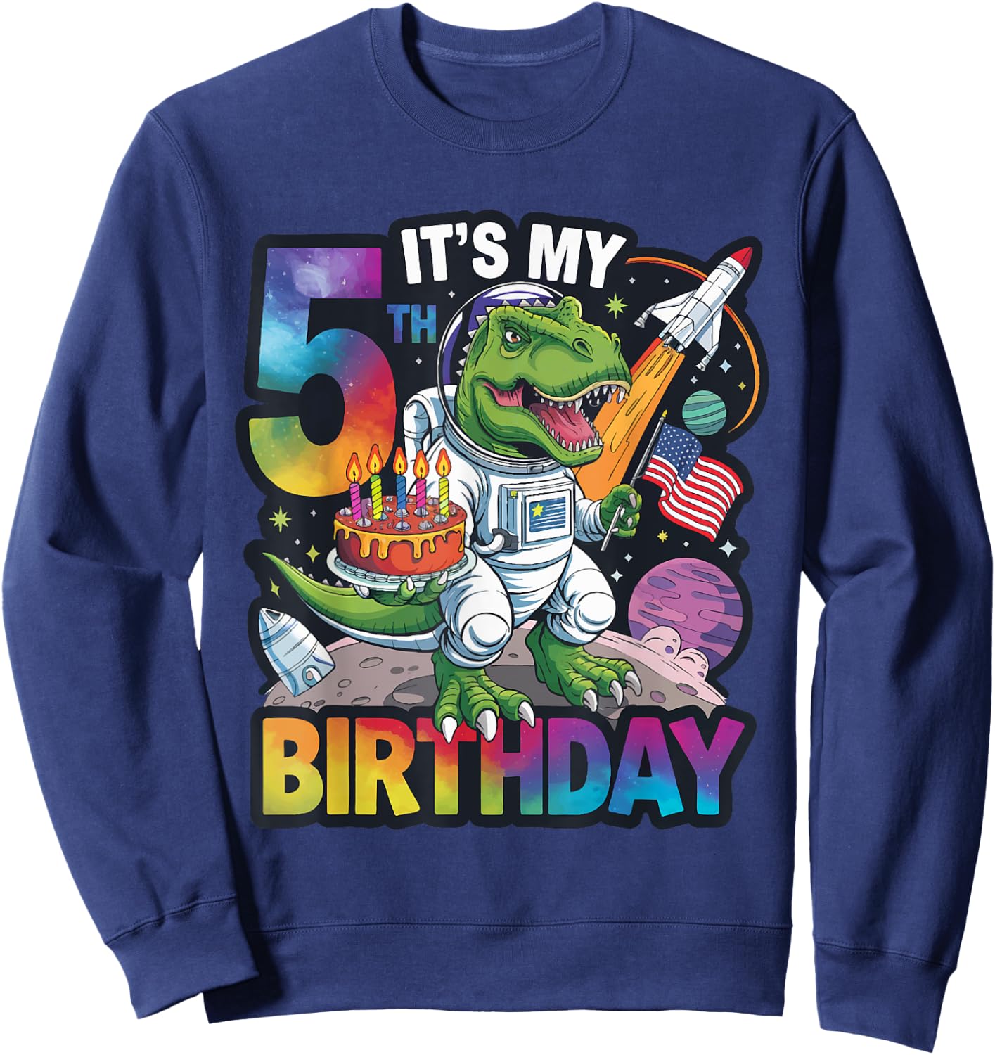 5th Birthday Dinosaur Astronaut T-Rex Space Kids Party Sweatshirt - Sweatshirt | Navy