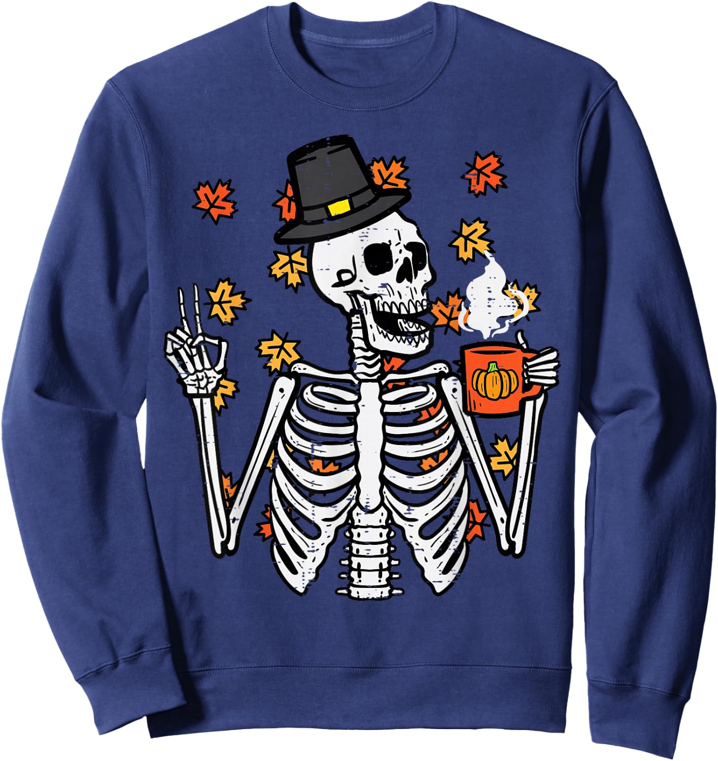 Thanksgiving Skeleton Peace Coffee Funny Fall Men Women Kids Sweatshirt - Sweatshirt | Navy