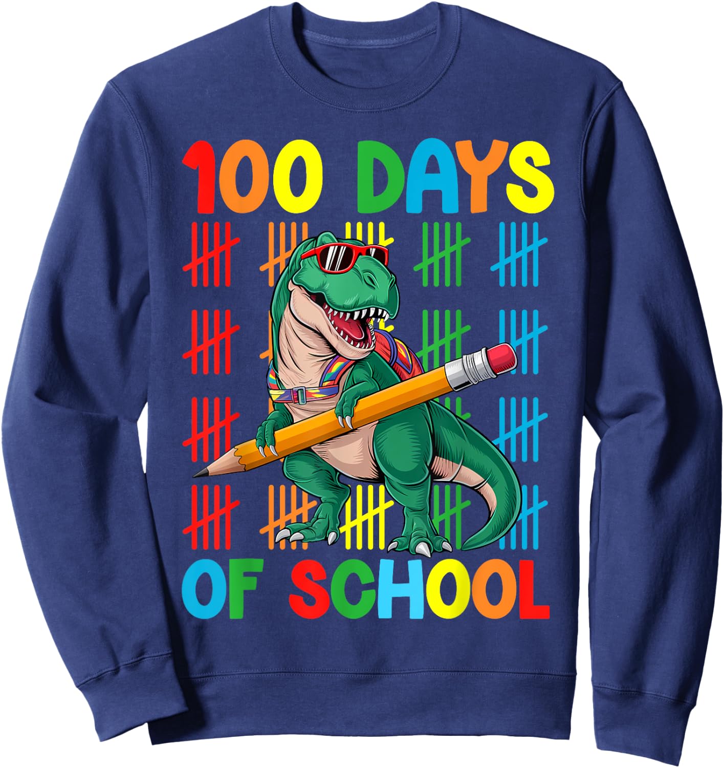 100 Days Of School T-Rex Happy 100th Day Kids Boys Sweatshirt - Sweatshirt | Navy