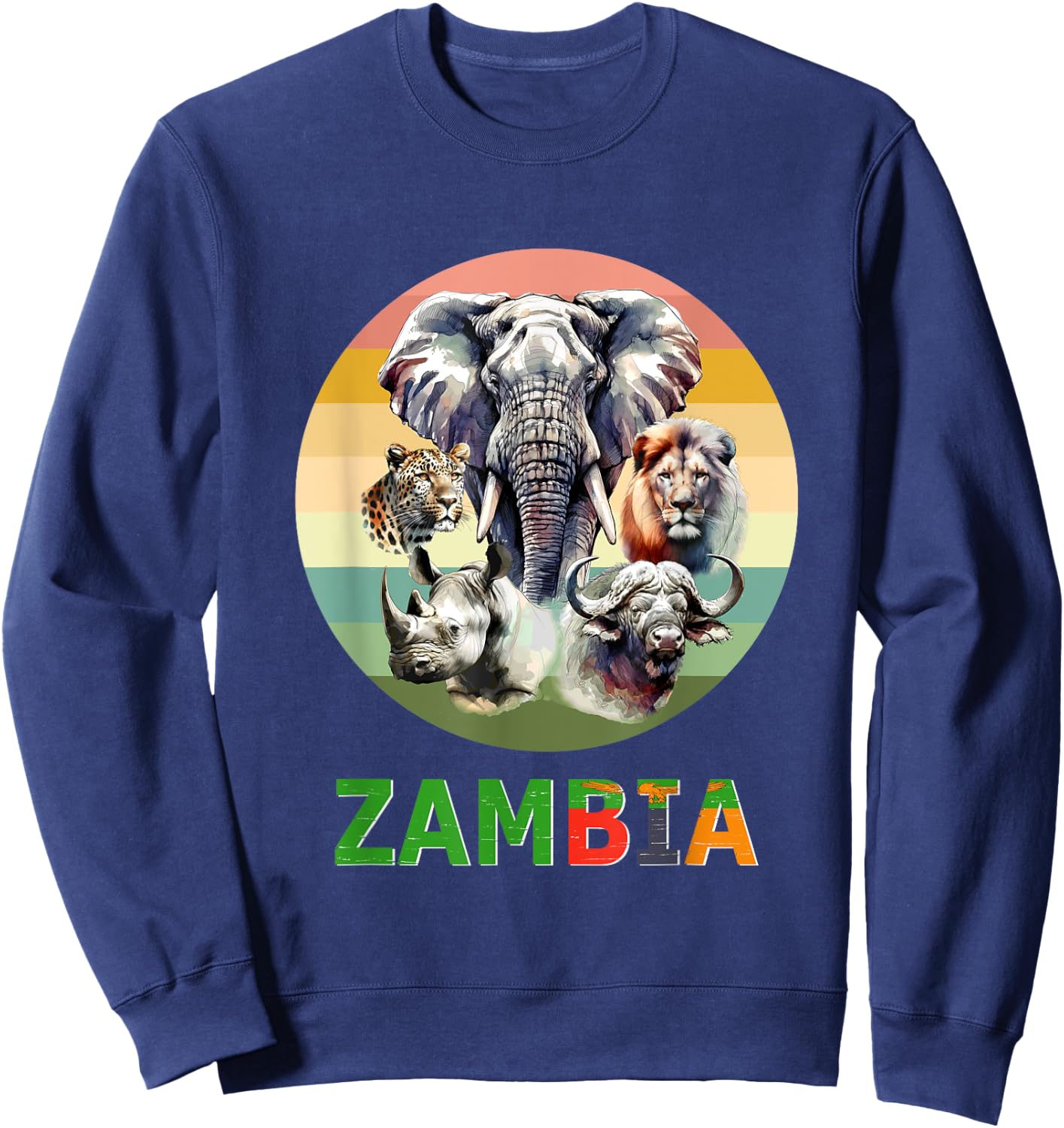 Zambia Big-5 Watercolor on Retro Sunset for Zambia Fans Sweatshirt - Sweatshirt | Navy