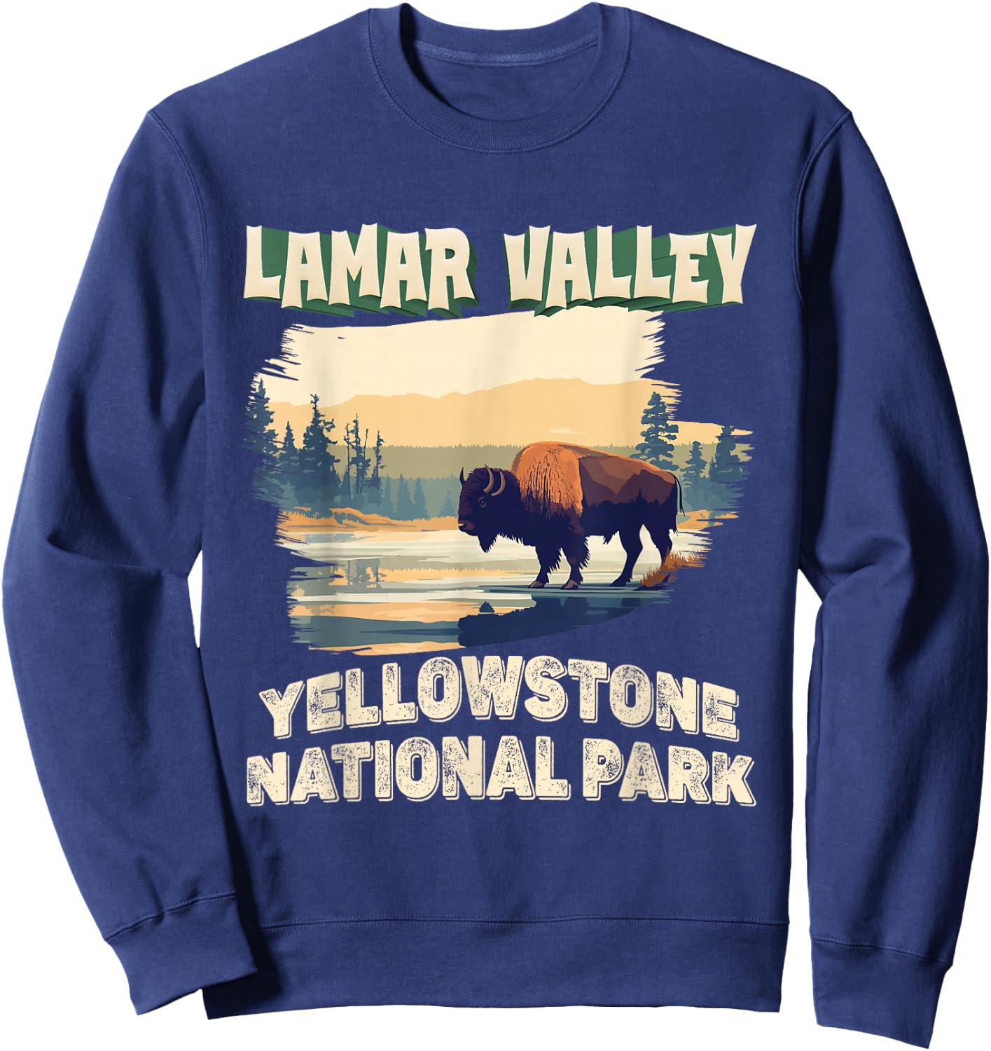 Lamar Valley Yellowstone National Park Bison Hiking Outdoor Sweatshirt - Sweatshirt | Navy