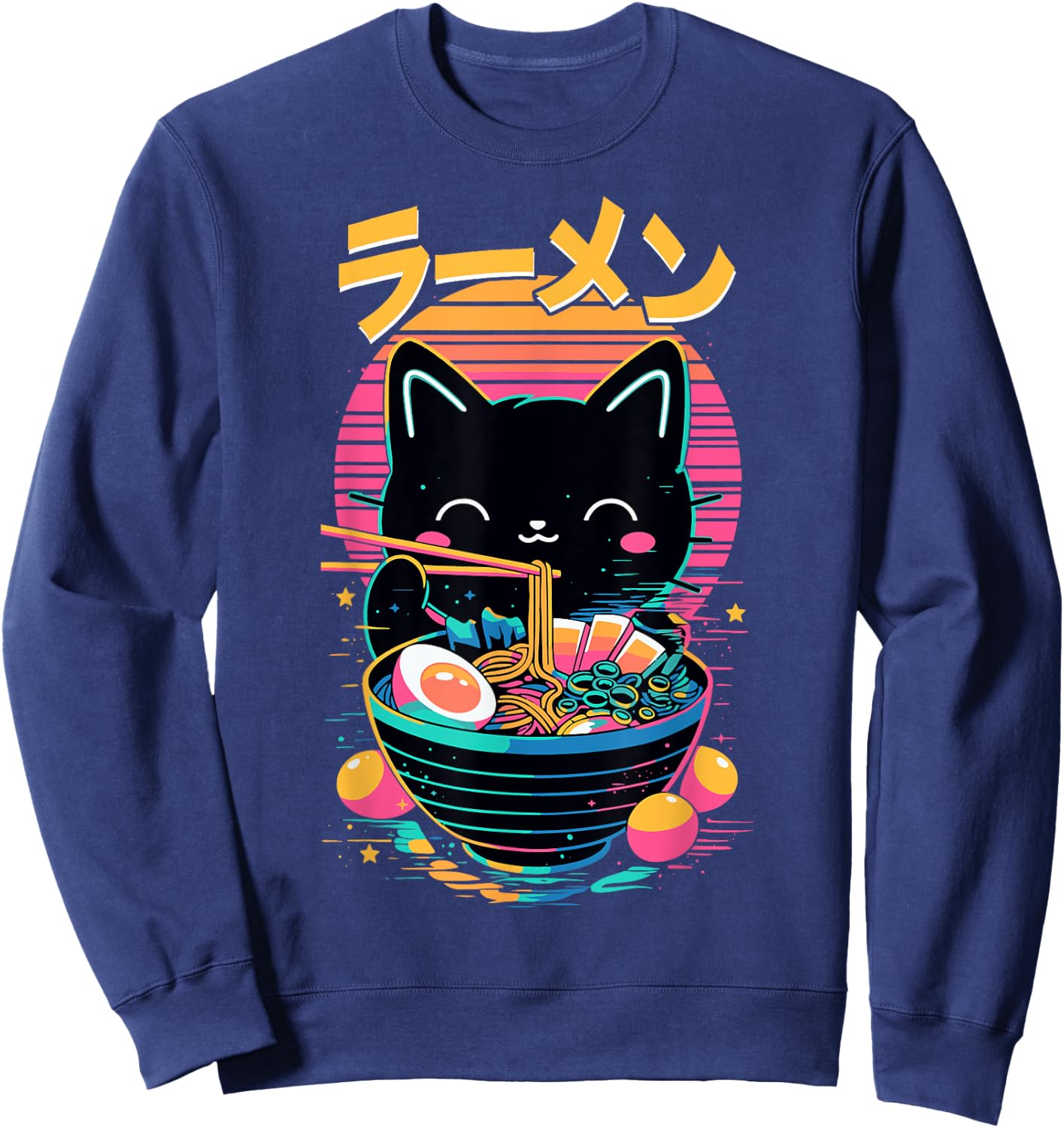 Anime Cat Eating Ramen Japanese Ramen Cat Japan Sweatshirt - Sweatshirt | Navy