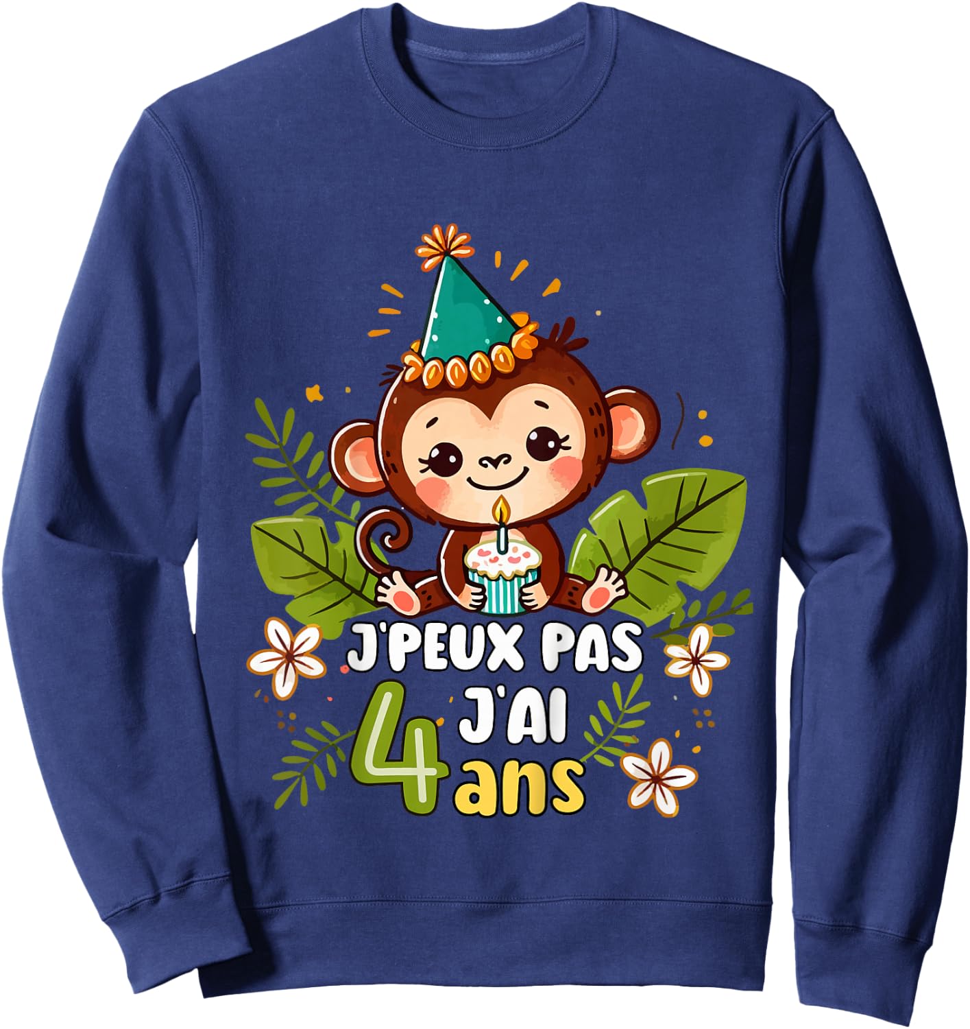 Child Je Peux Pas J'ai 4 Years Birthday Jungle Monkey Boy Green , Green, 2 Sweatshirt - Sweatshirt | Navy