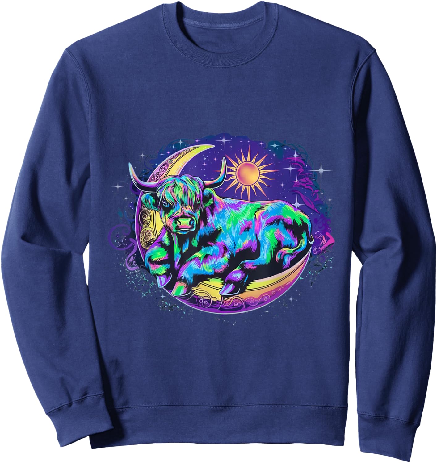 Dreamy Highland Cow Lounging on Crescent Moon Cow Over Moon Sweatshirt - Sweatshirt | Navy