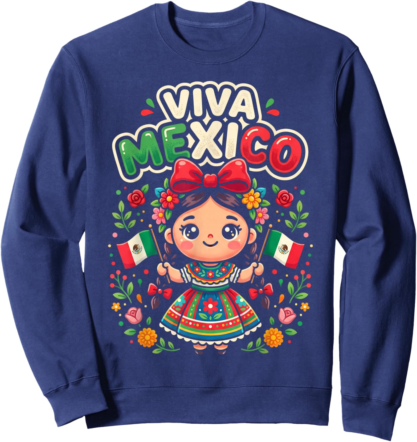 Viva Mexico Mexican Girl Flag Independence Day Girls Kids Sweatshirt - Sweatshirt | Navy