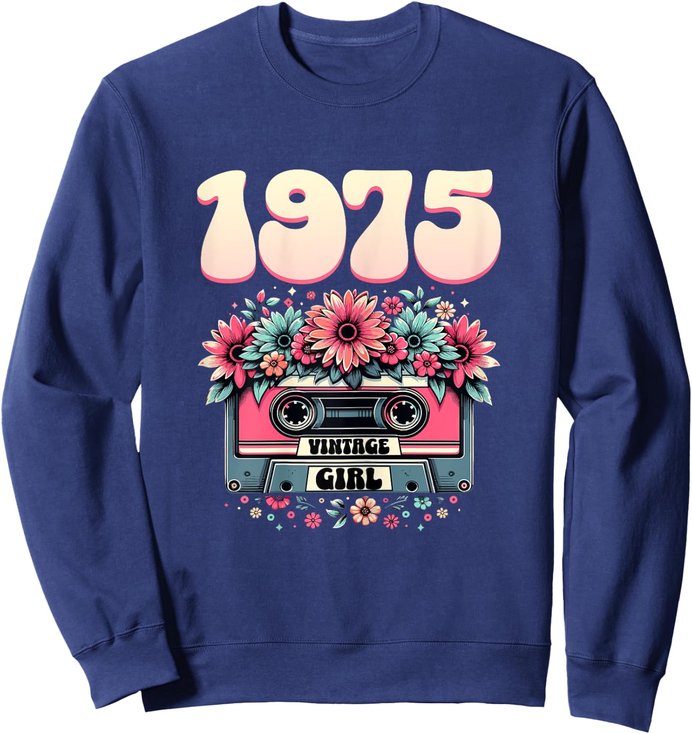 Cassette Rétro Femme 50 ans 1975 Cadeau Ladies 50th Birthday 1975 Retro Cassette Design Black with Flowers Sweatshirt - Sweatshirt | Navy