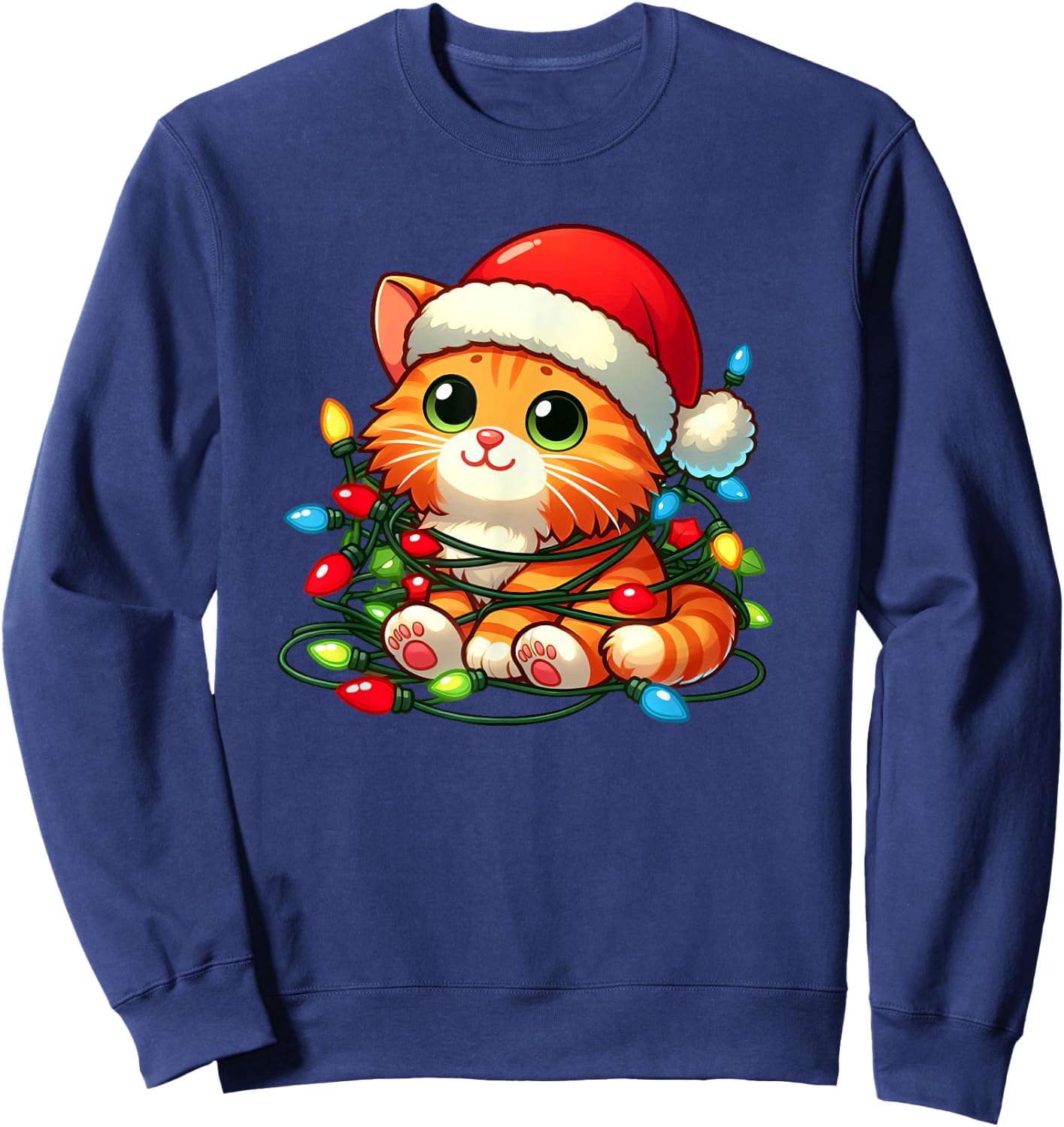 Orange Tabby Cat Christmas Lights Pet Funny Xmas Women Kids Sweatshirt - Sweatshirt | Navy