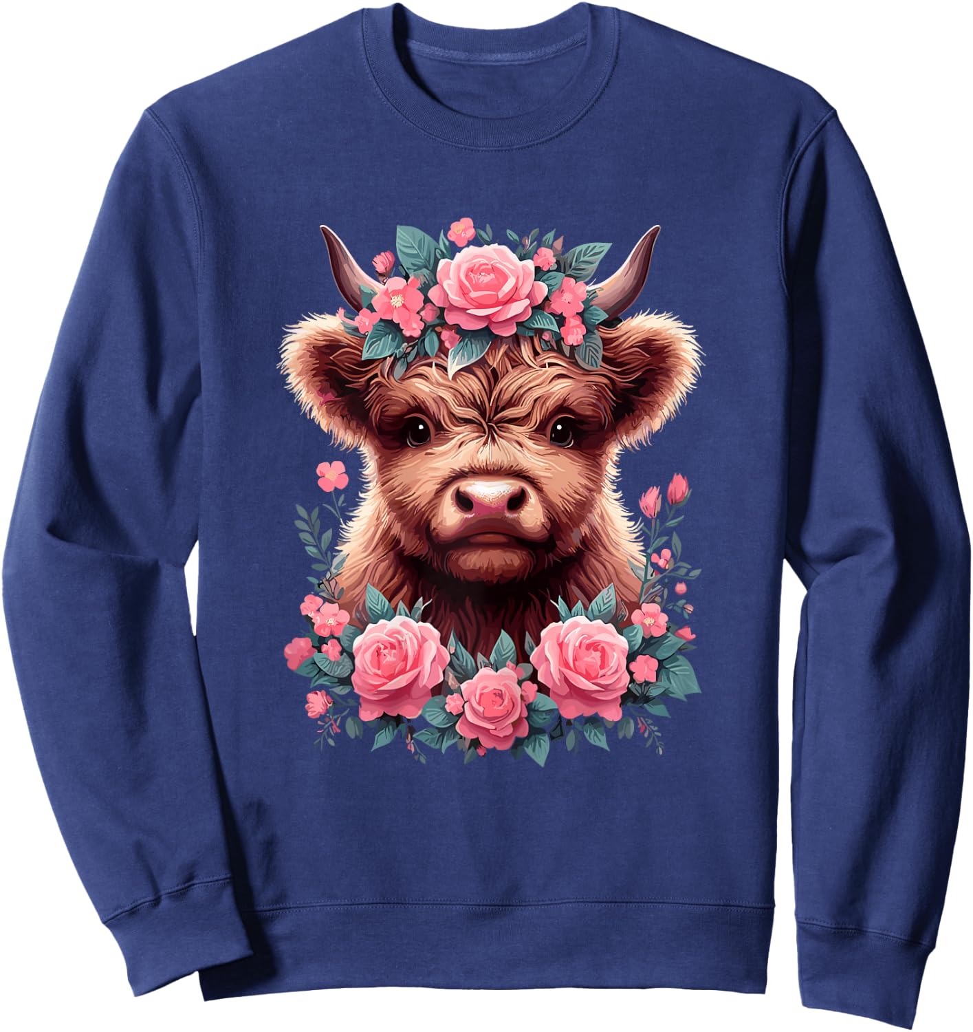 Highland Cow Roses Cute Floral Cow Lover Sweatshirt - Sweatshirt | Navy