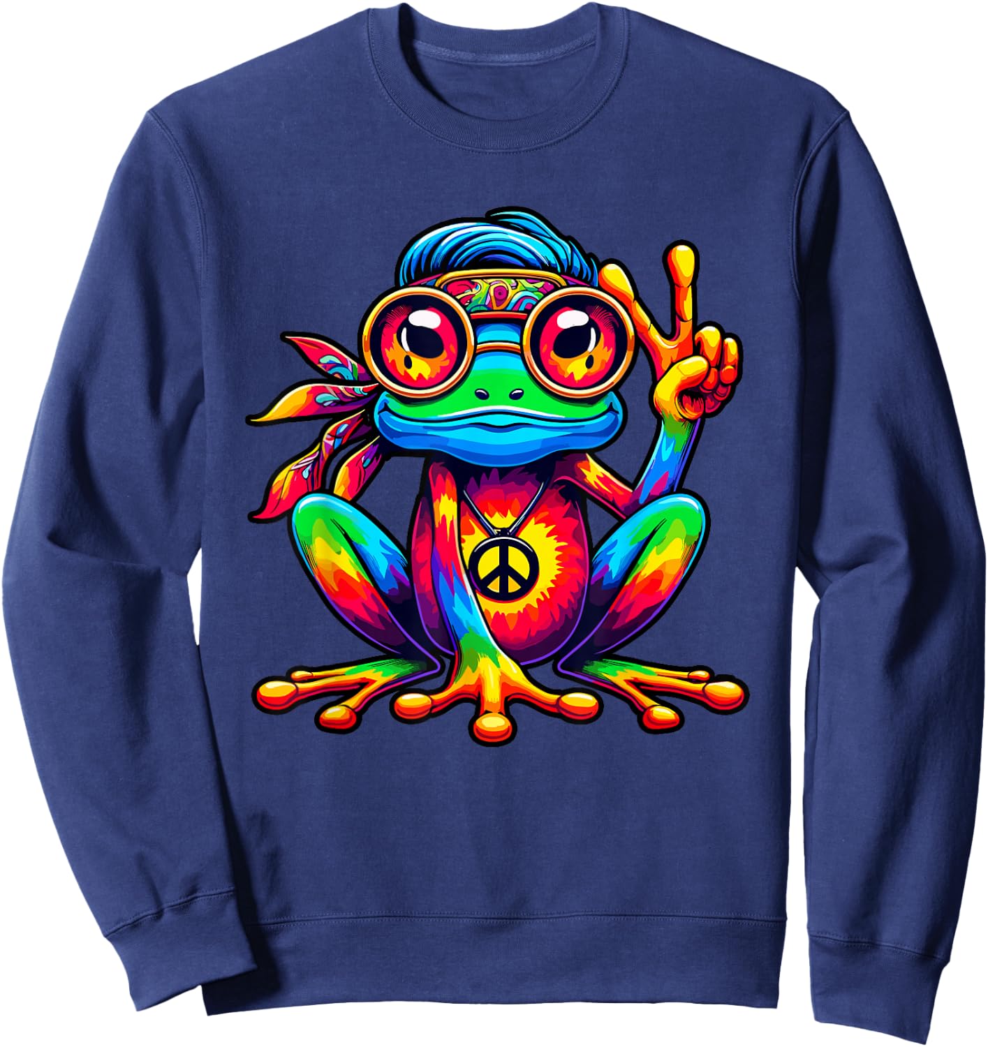Tie Dye Hippie Frog Peace Sign 70s Party & 60s Costume Sweatshirt - Sweatshirt | Navy