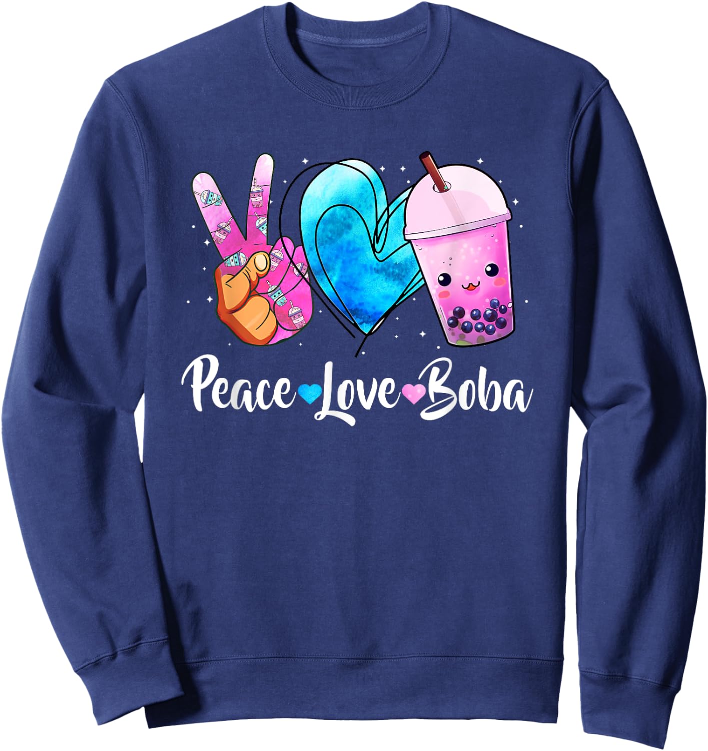 Peace Love Boba Bubble Tea For Teen Girls Kawaii Japanese Sweatshirt - Sweatshirt | Navy