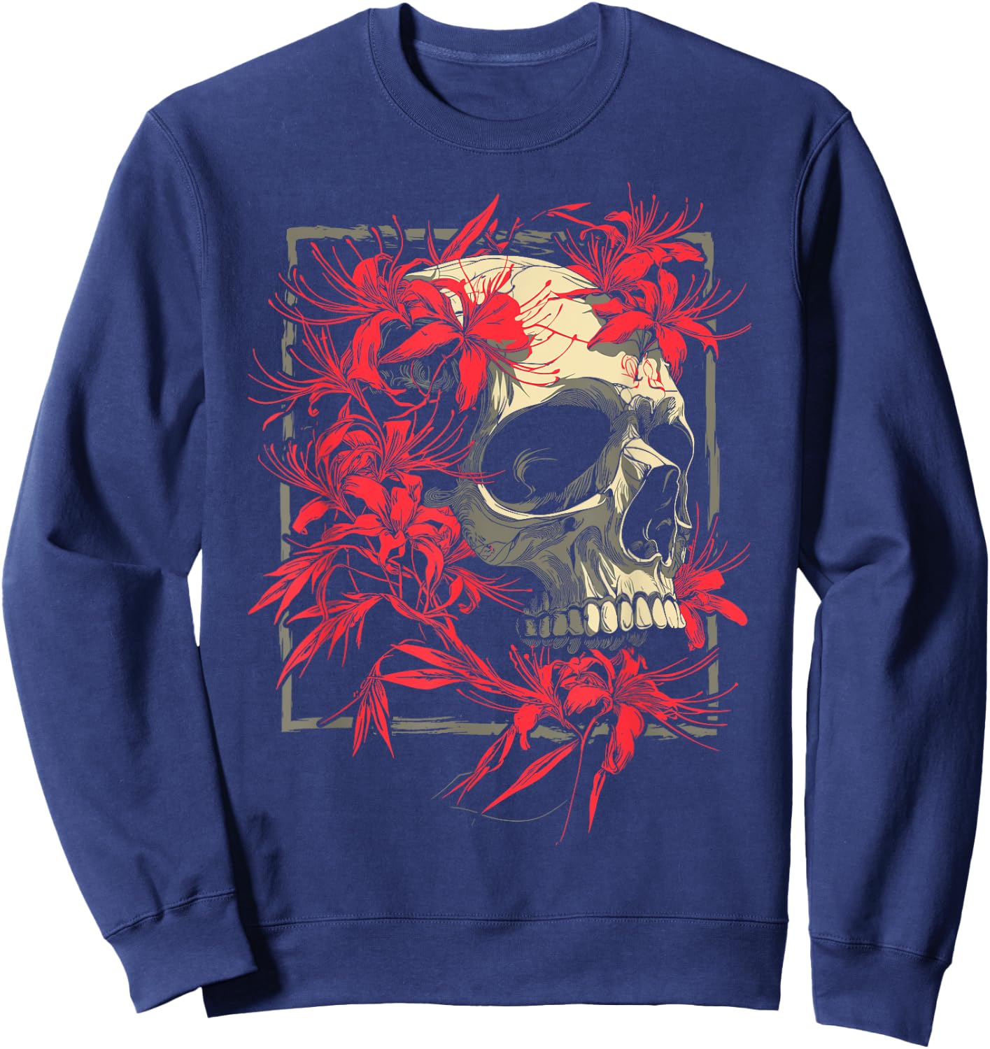 Red Spider Lily Flower Skull Skeleton Japanese Anime Otaku Sweatshirt - Sweatshirt | Navy