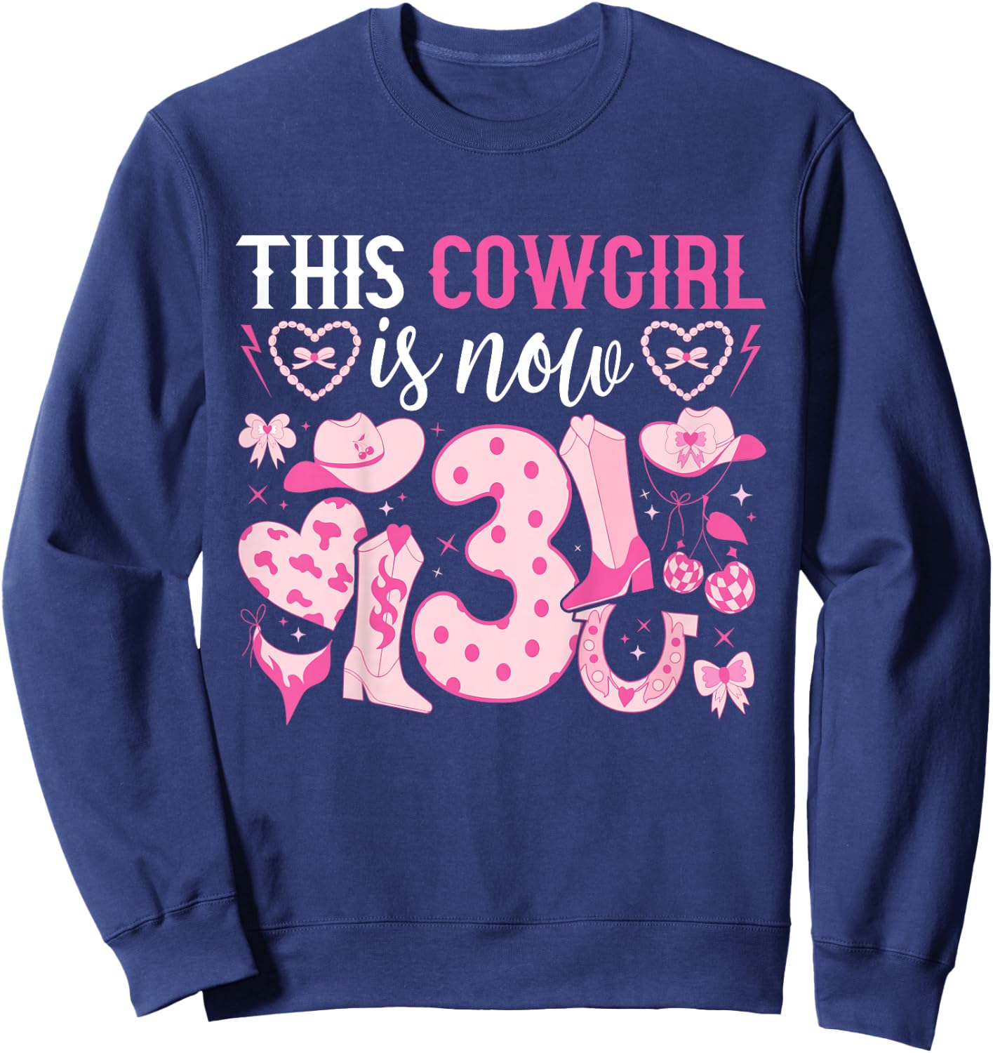 Kids 3rd Birthday Cowgirl Three Year Old Cow Girl Birthday Sweatshirt - Sweatshirt | Navy