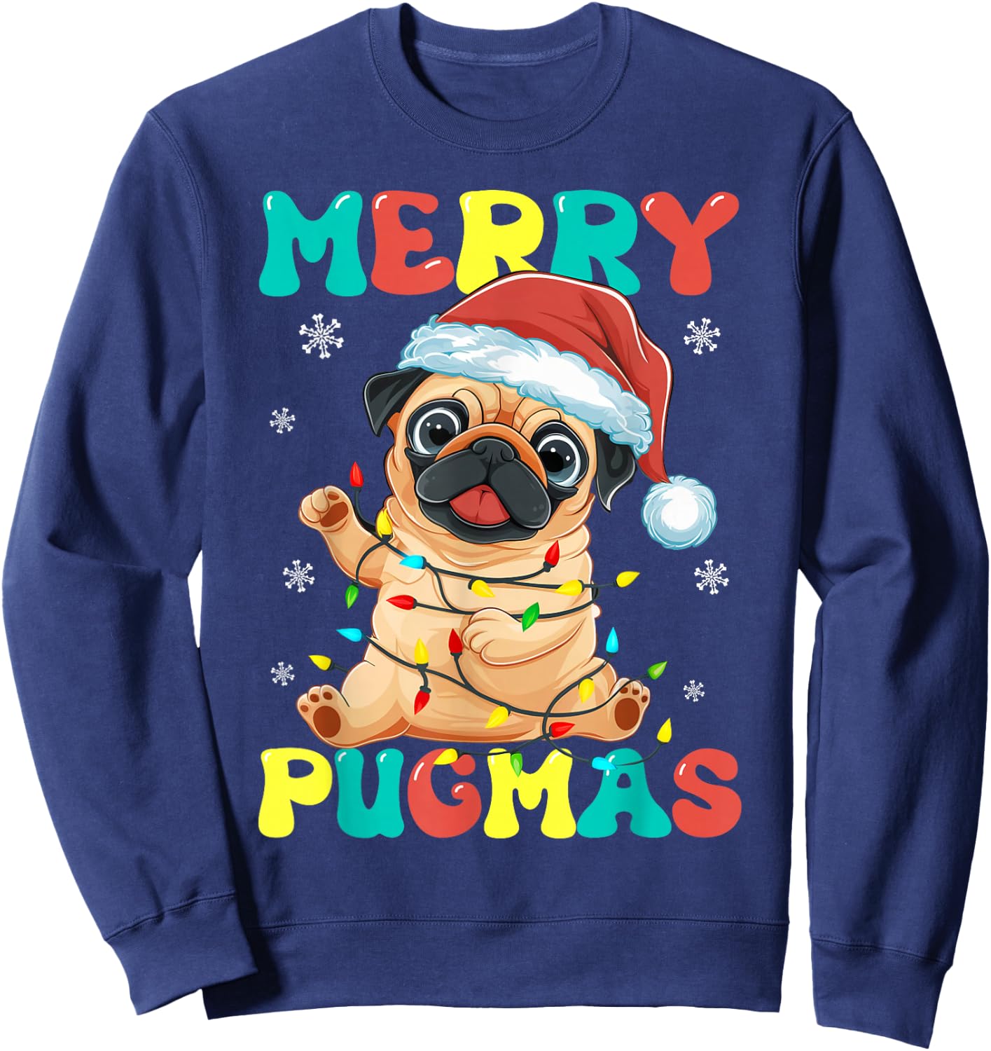 Merry Pugmas Pug Christmas Santa Pug Xmas Lights Dog Lover Sweatshirt - Sweatshirt | Navy