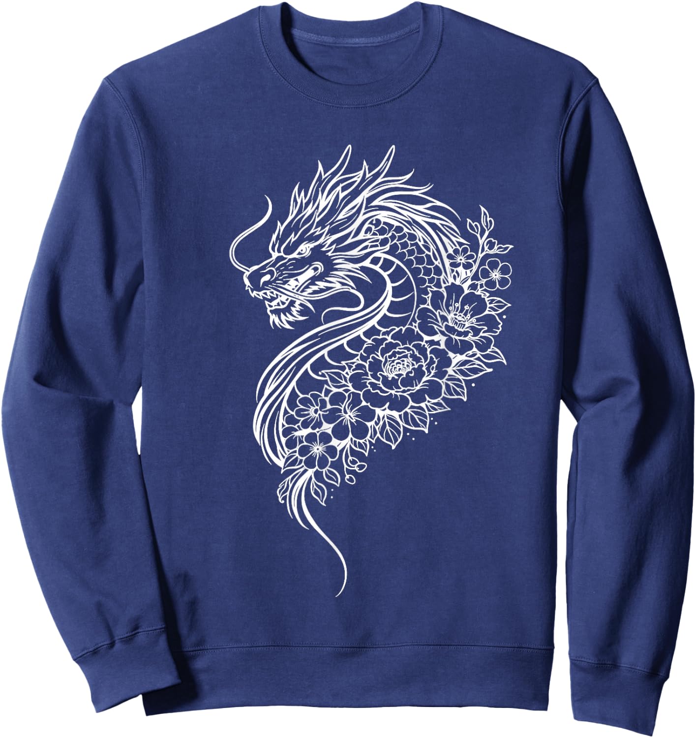 Dragon Flowers Line Art Minimalist White Splash Sweatshirt - Sweatshirt | Navy