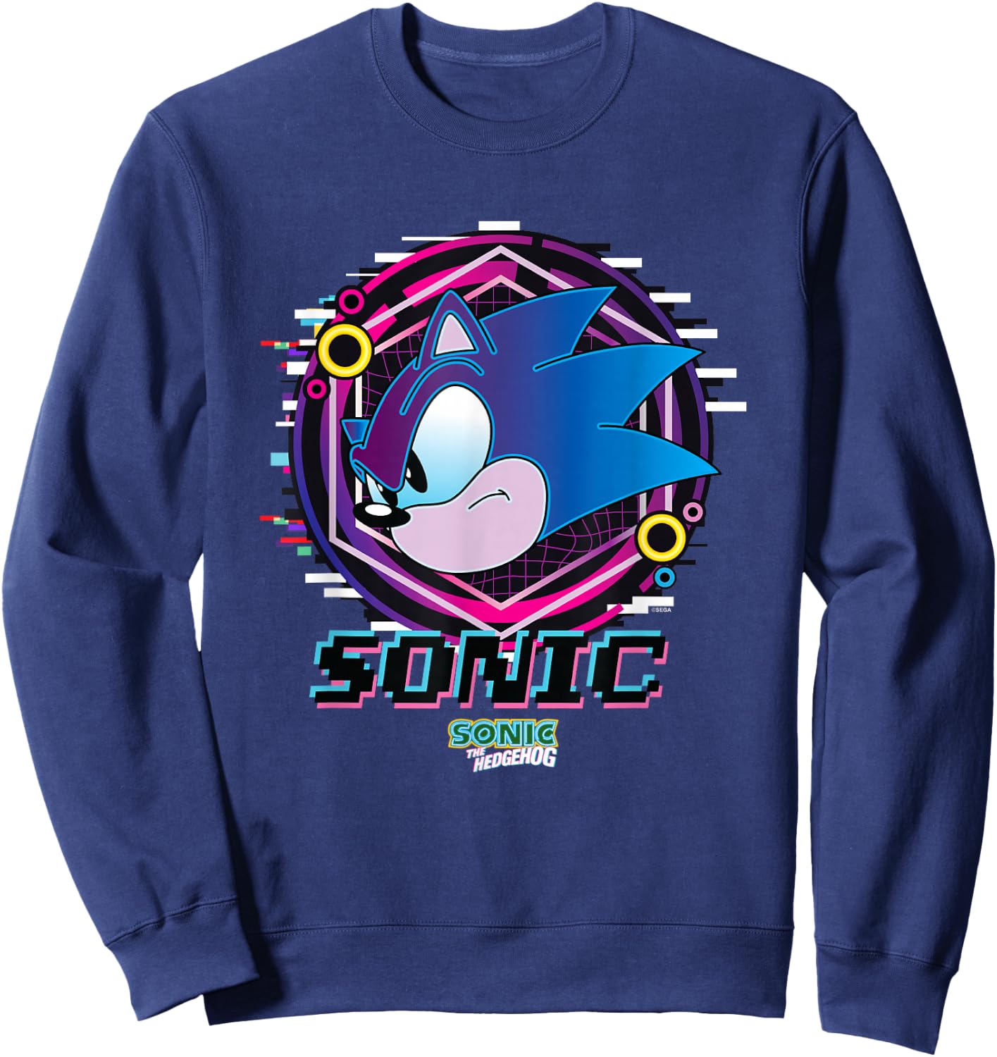 Sonic The Hedgehog Sonic Face Glitch Retro Neon Logo Sweatshirt - Sweatshirt | Navy