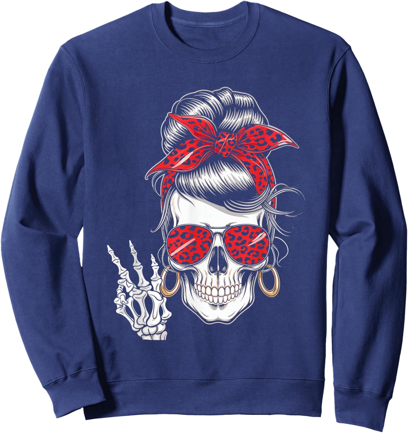 Messy Bun Skeleton Skull Leopard Bandana Fashion Sweatshirt - Sweatshirt | Navy