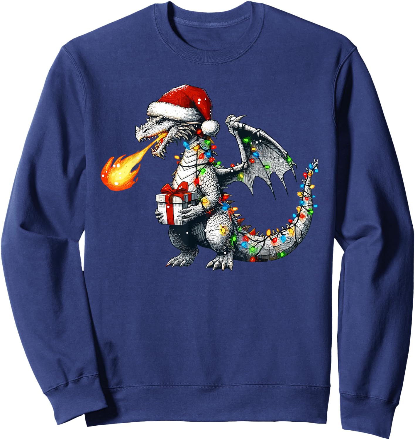 Dragon Wearing Santa Hat Holding A Present Box Xmas Sweatshirt - Sweatshirt | Navy