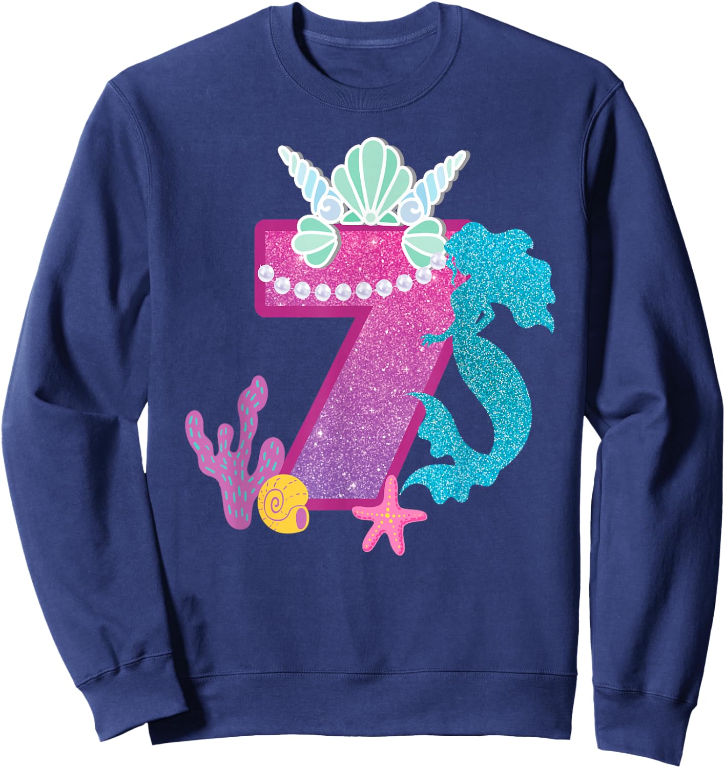 7th Birthday Shirt Under the Sea Party Mermaid Shells Shirt Sweatshirt - Sweatshirt | Navy