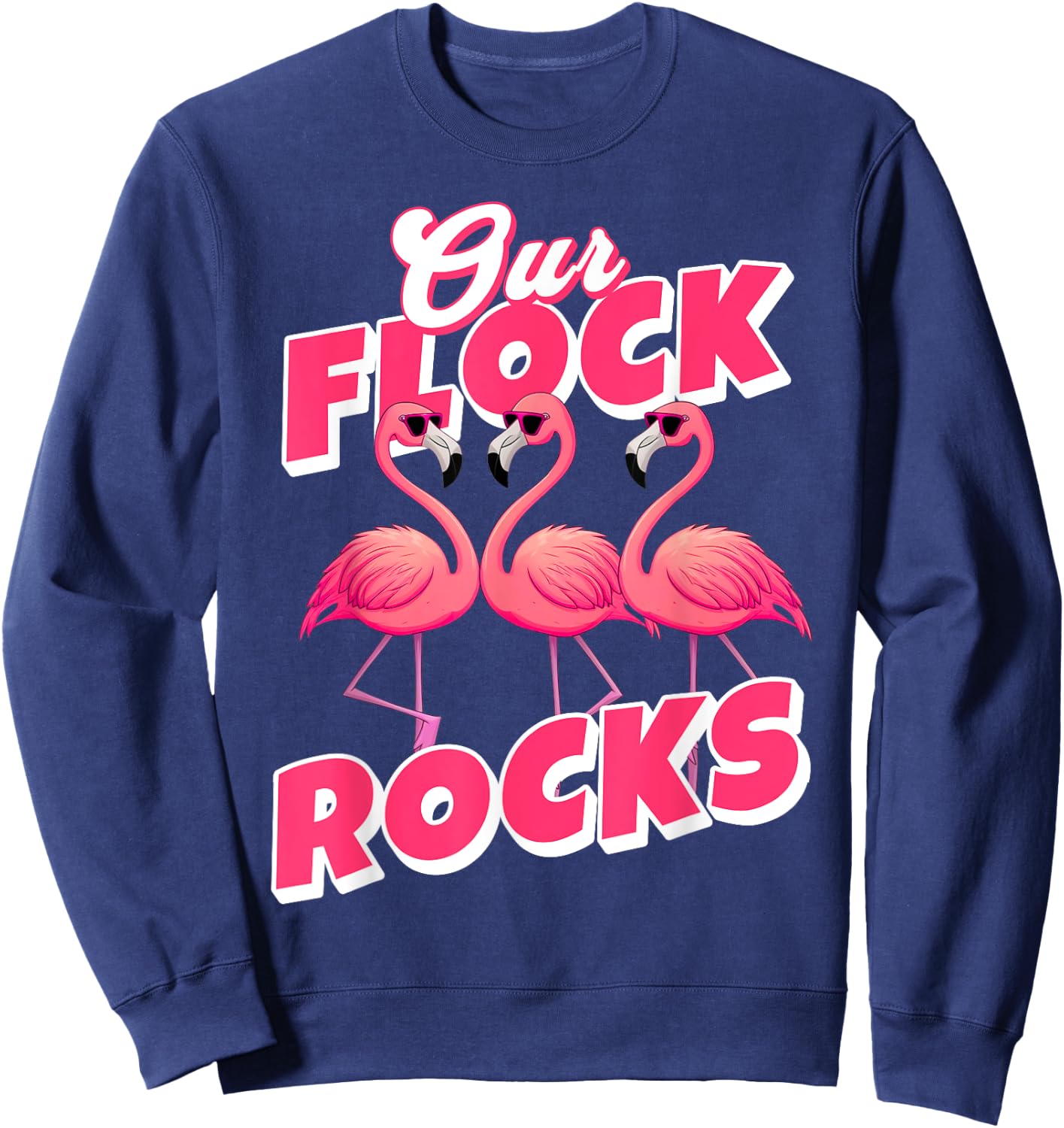 Our Flock Rocks Funny Flamingo Matching Family Vacation Sweatshirt - Sweatshirt | Navy