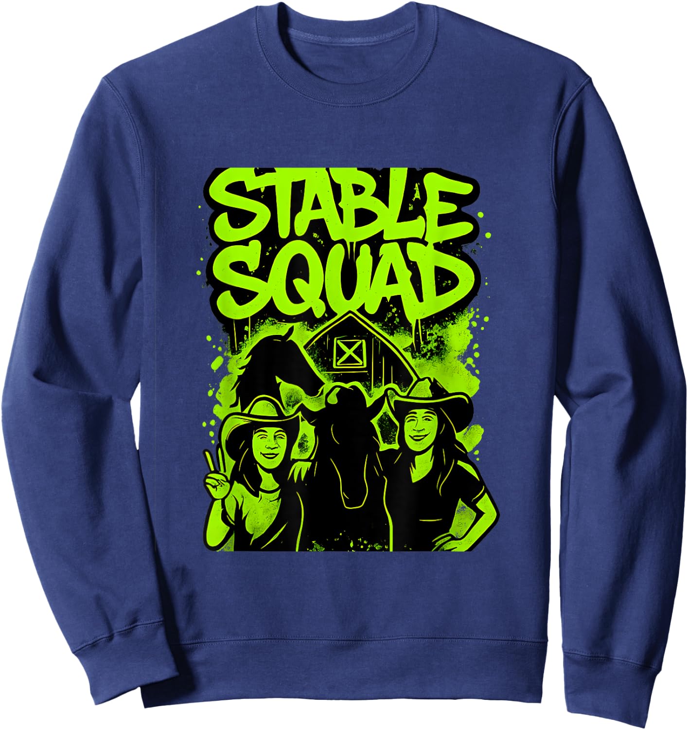 Stable Squad - Neon Green Horse Pattern Sweatshirt - Sweatshirt | Navy