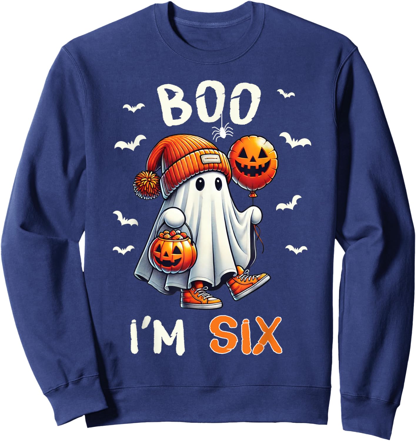Boo I'm Six Ghost 6th Birthday Halloween Boy Kids Groovy Sweatshirt - Sweatshirt | Navy