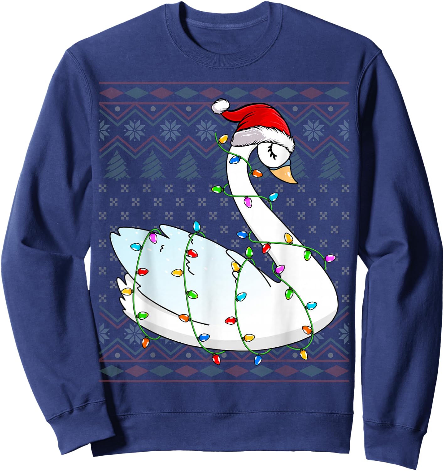 Swans Xmas Lighting Santa Hat Swans Lover Ugly Christmas Sweatshirt - Sweatshirt | Navy