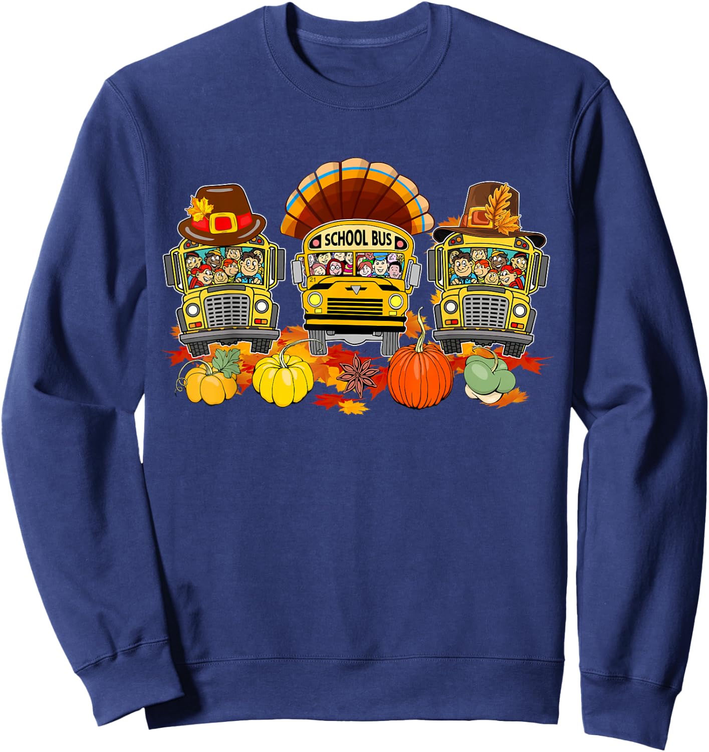 Thanksgiving Three Cute School Buses As Turkey Autumn Driver Sweatshirt - Sweatshirt | Navy