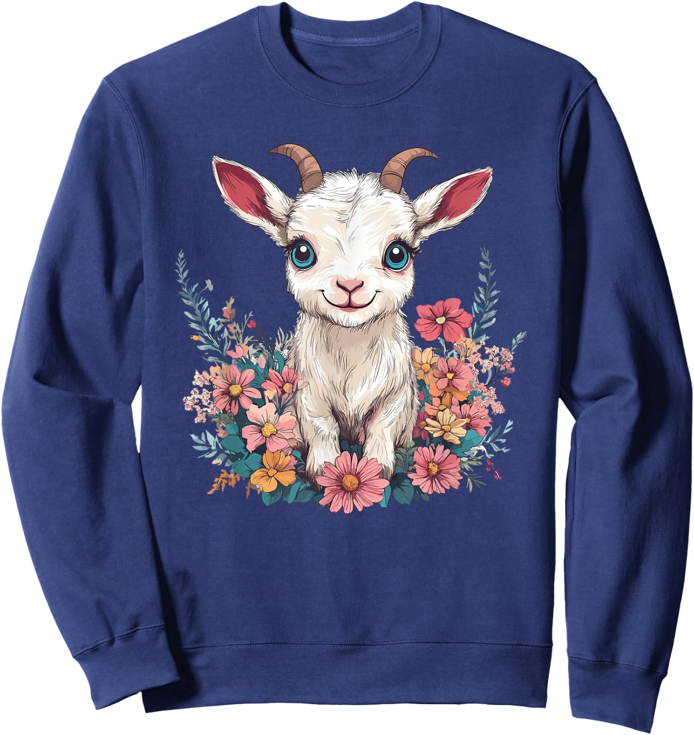 Adorable Baby Goat Surrounded By Flowers Sweatshirt - Sweatshirt | Navy