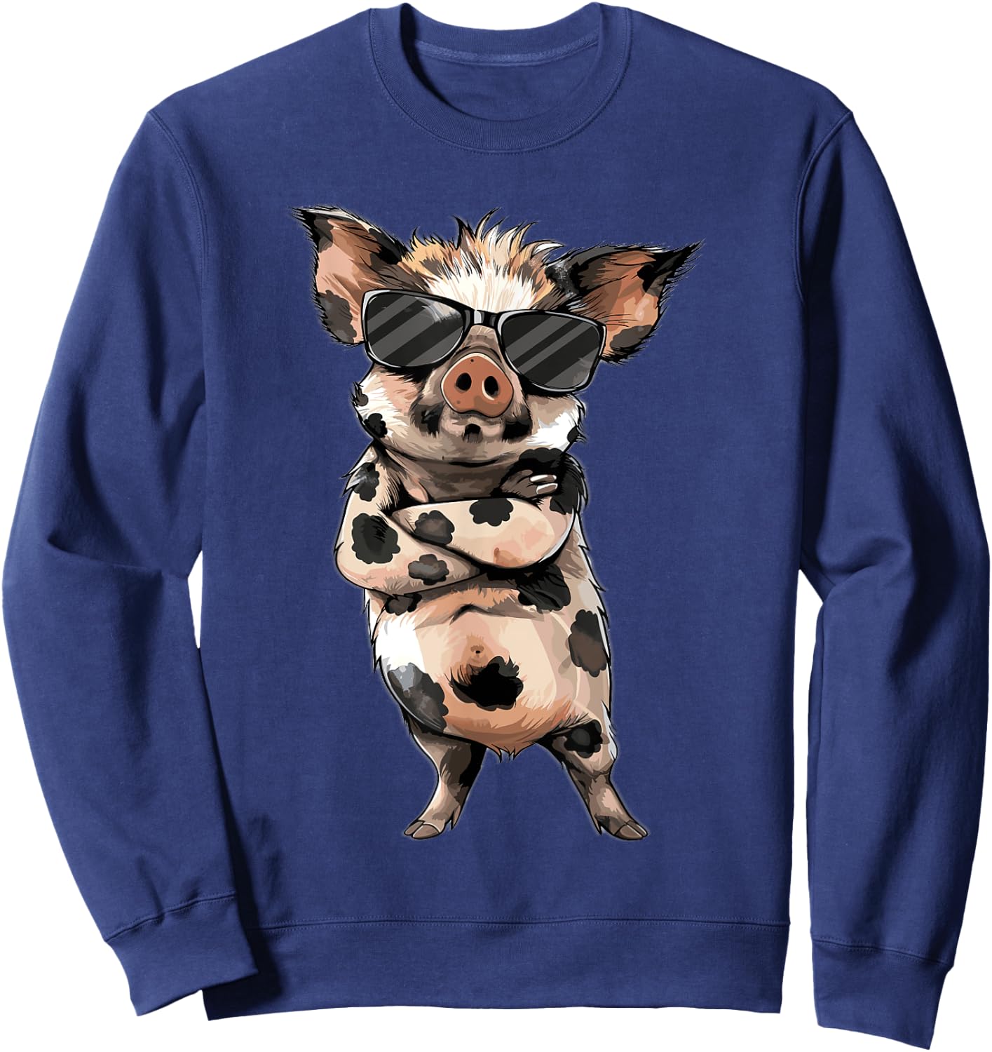 Kune Kune Pig Accessories & KuneKune Clothes -Adult Black Animal Print Design Short Sleeve Cotton Blend Classic Fit Small Sweatshirt - Sweatshirt | Navy