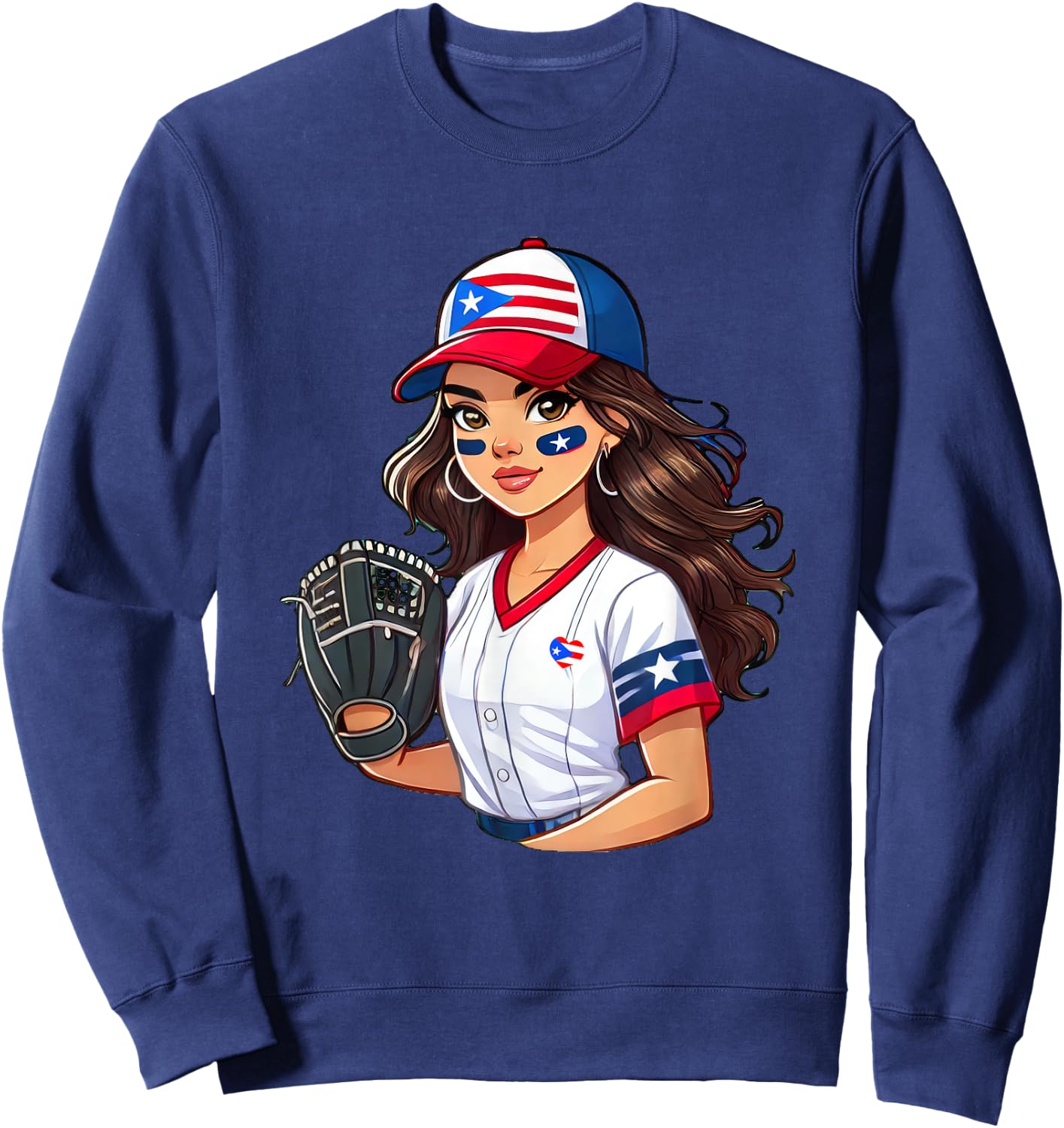 Puerto Rico Softball Baseball Boricua Flag Girl Cool Sweatshirt - Sweatshirt | Navy