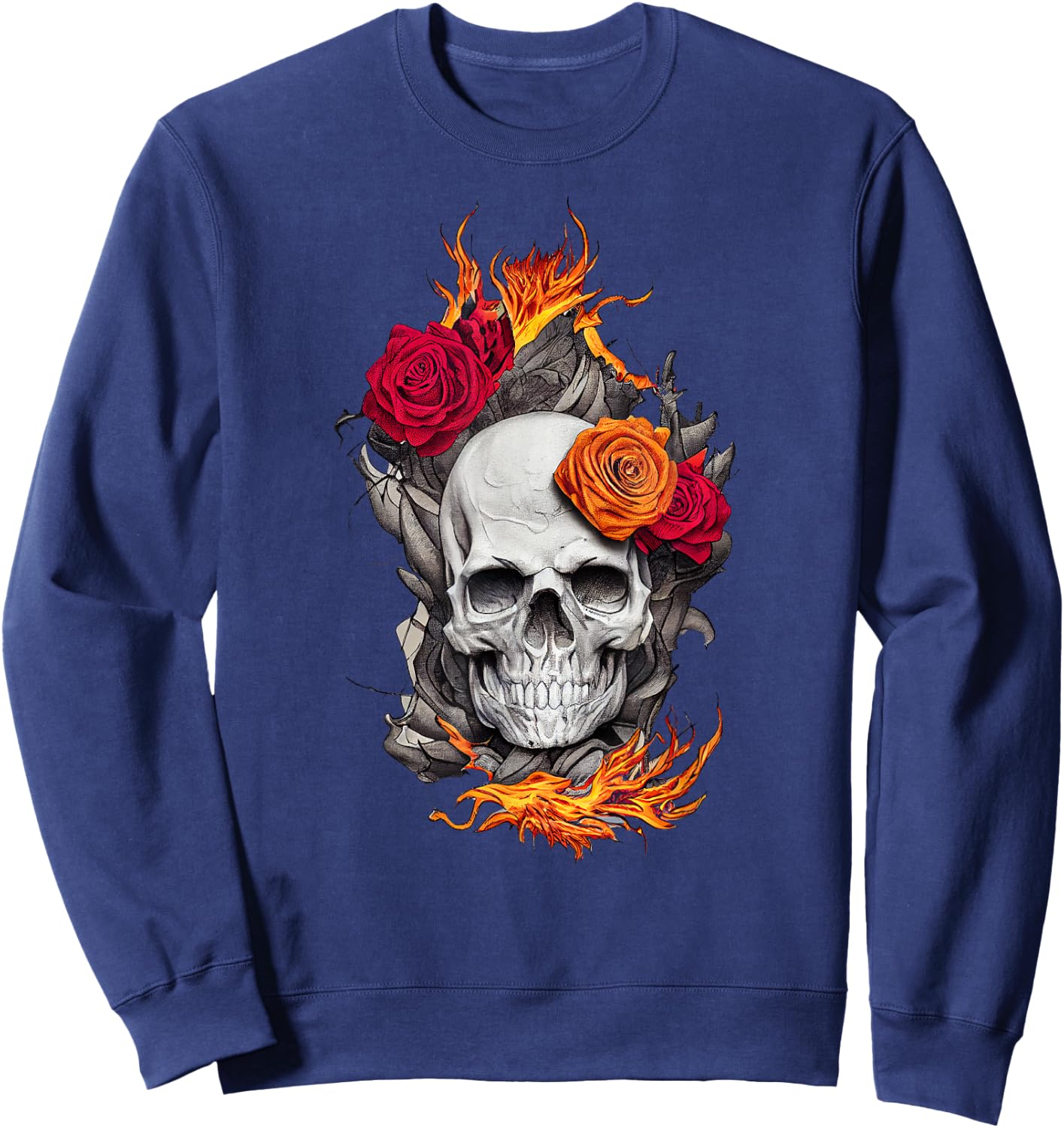 Flaming Skull and Roses Sweatshirt - Sweatshirt | Navy