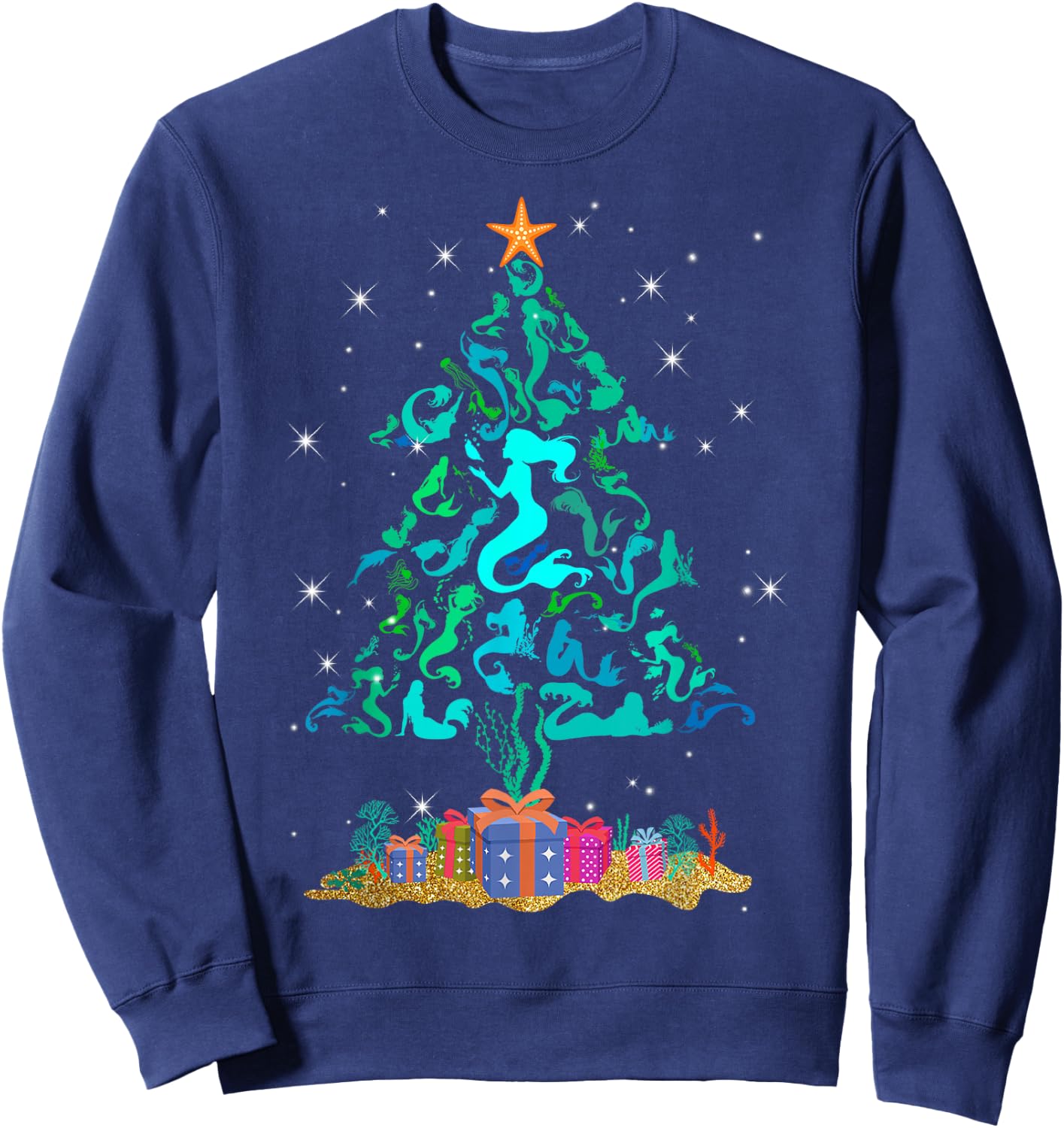 Retro Mermaid Christmas Tree Funny Mermaid Xmas Sweatshirt - Sweatshirt | Navy