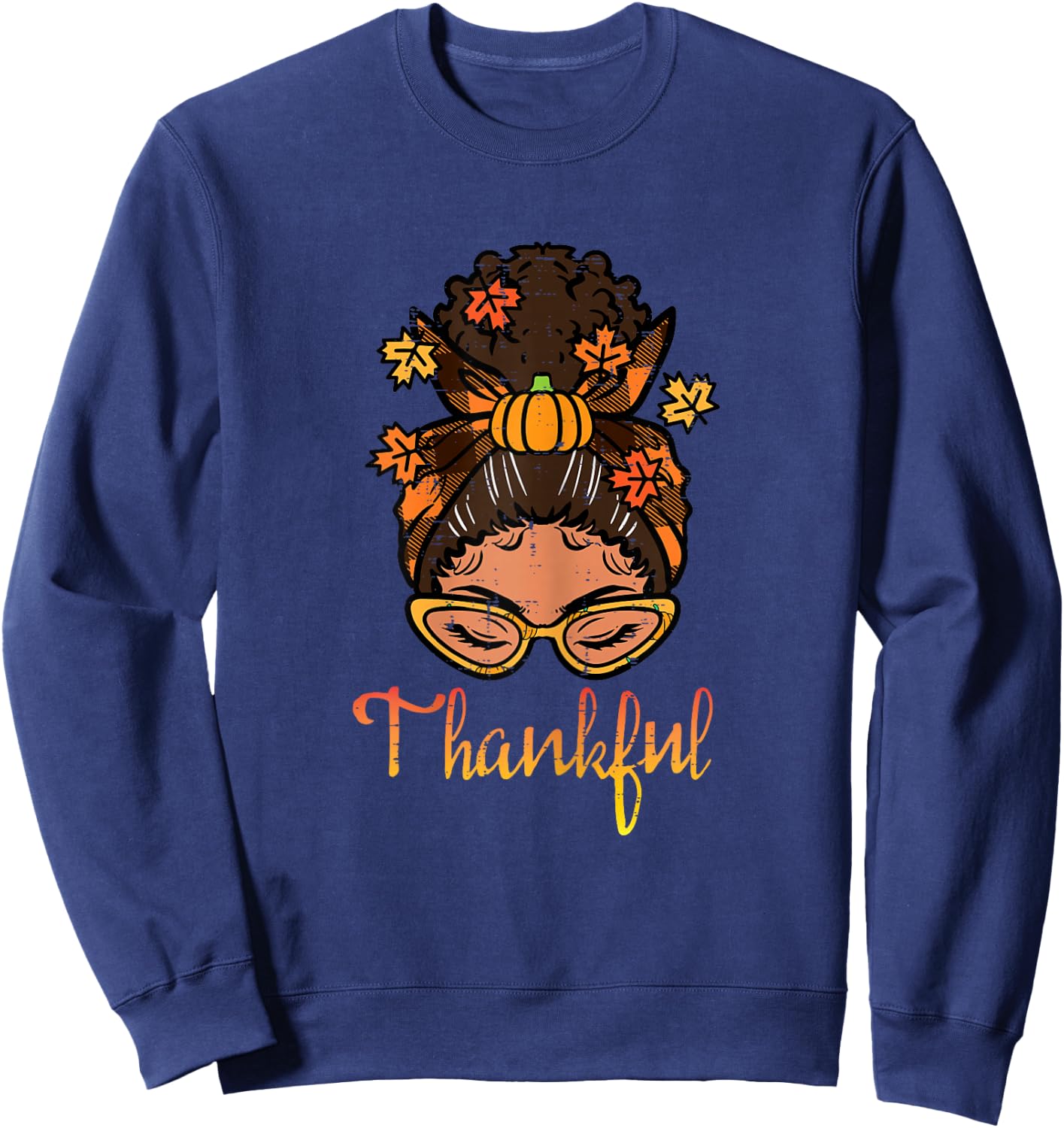 Thanksgiving Black Woman Bun Thankful Fall Women Girls Kids Sweatshirt - Sweatshirt | Navy