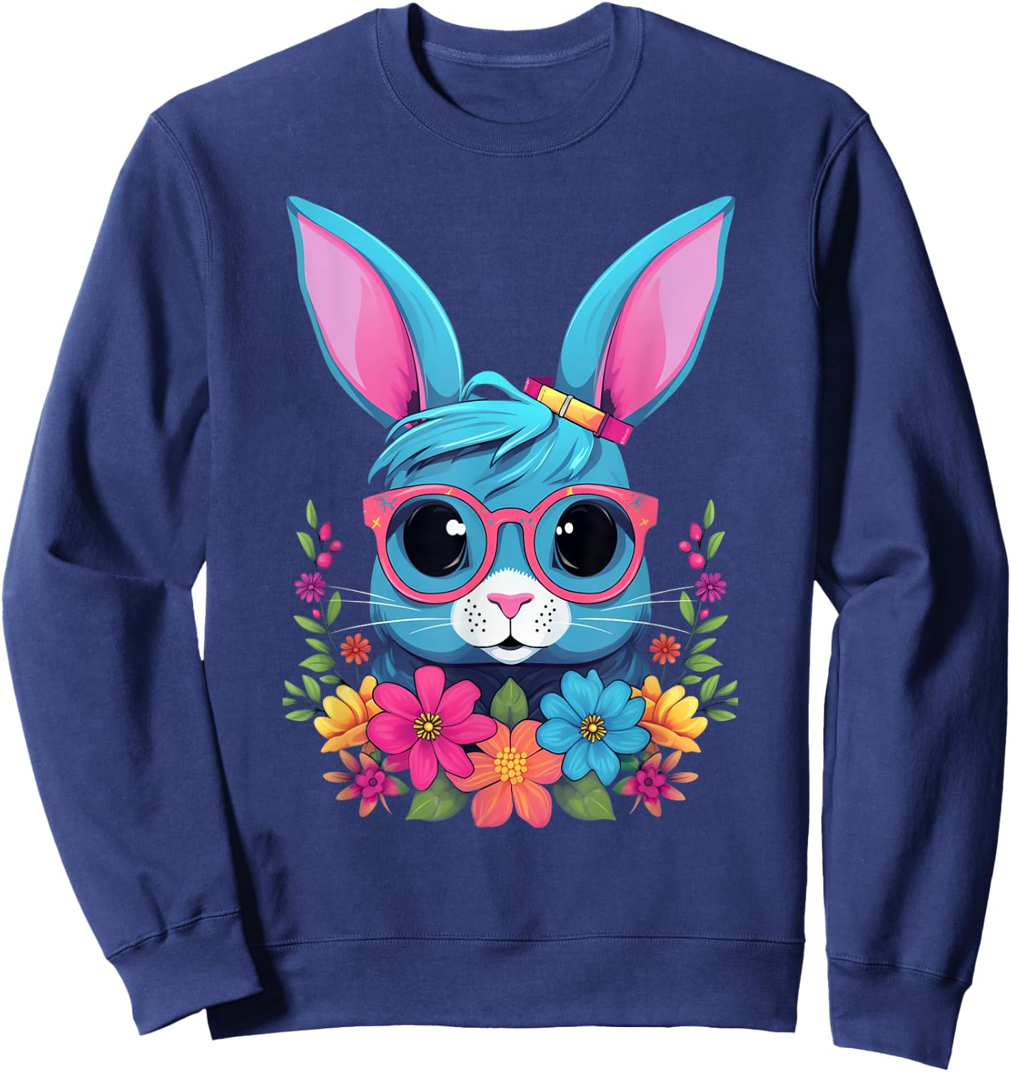 Cute Rabbit Girl With Flowers I Rabbit Sweatshirt - Sweatshirt | Navy