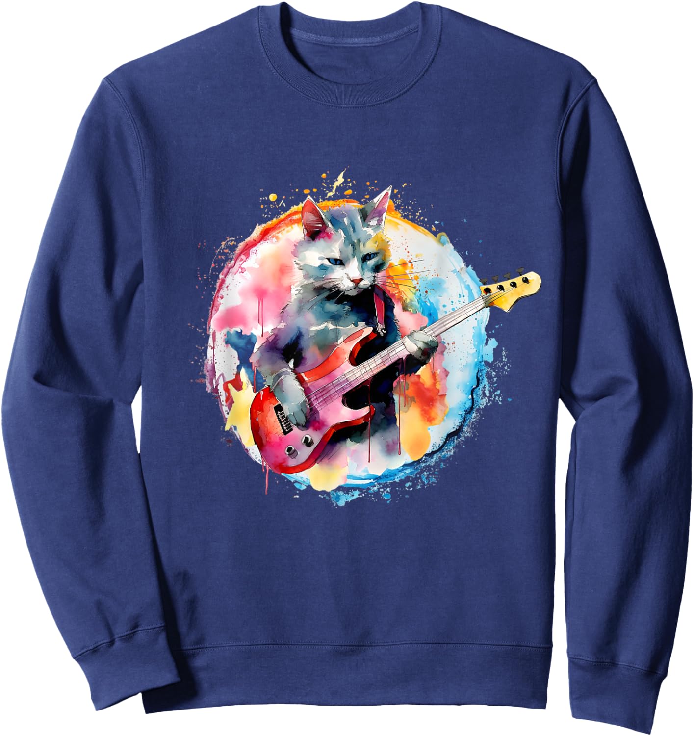Cat Playing Bass Guitar Watercolor Graphic Design Women Girls Kids Sweatshirt - Sweatshirt | Navy