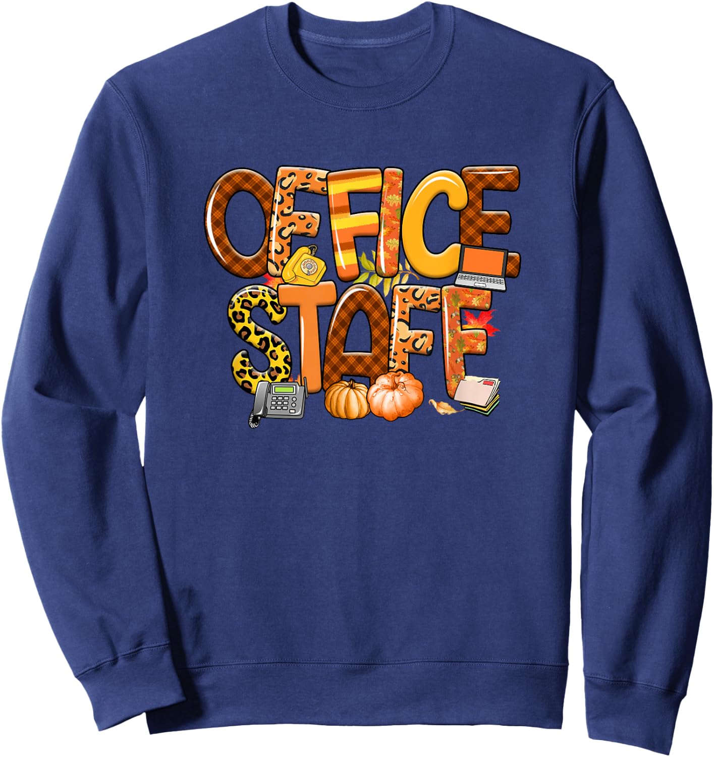Office Staff Leopard Buffalo Plaid Pumpkin Fall Thanksgiving Sweatshirt - Sweatshirt | Navy