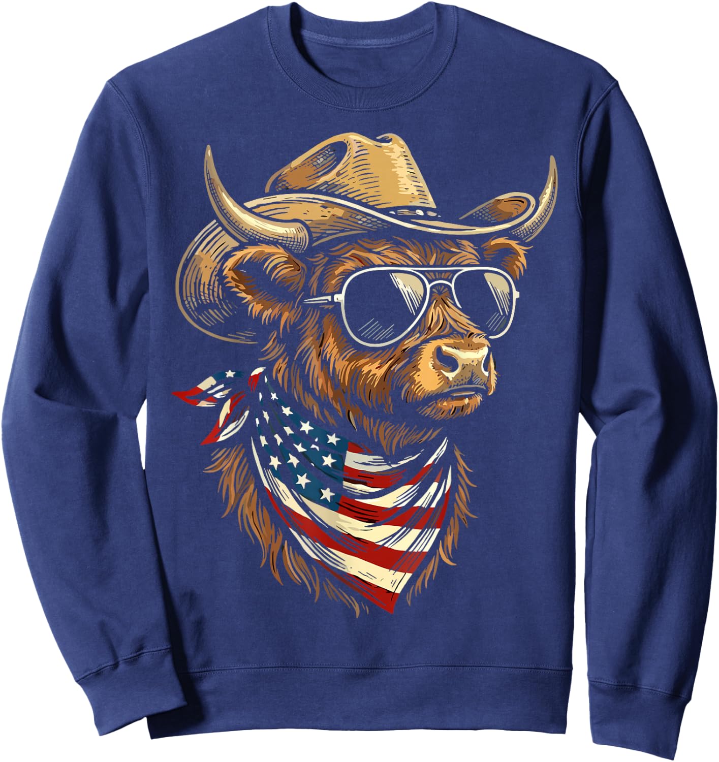 USA Patriotic Cowboy Highland Cow Western 4th of July Sweatshirt - Sweatshirt | Navy