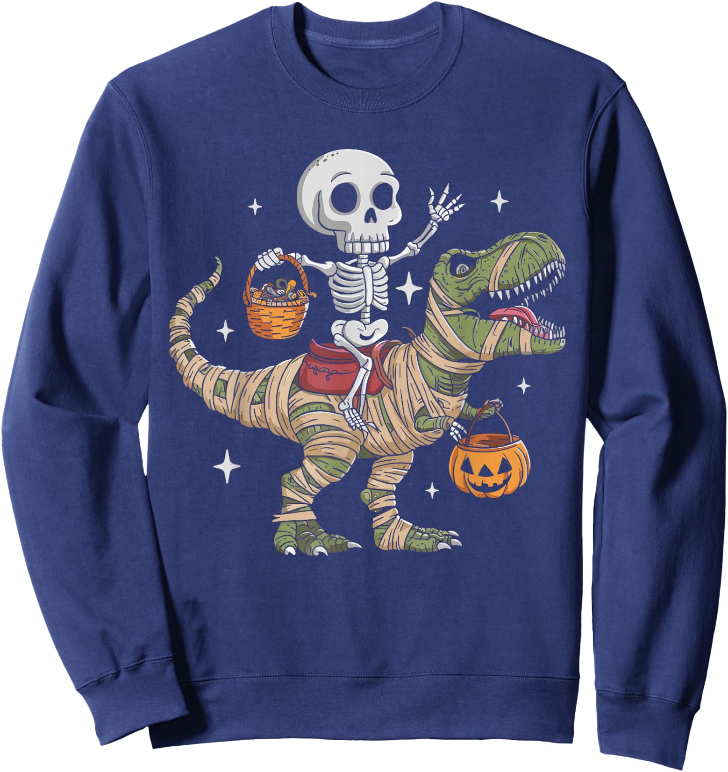 Skeleton Riding Mummy Dinosaur T Rex Pumpkin Happy Halloween Sweatshirt - Sweatshirt | Navy