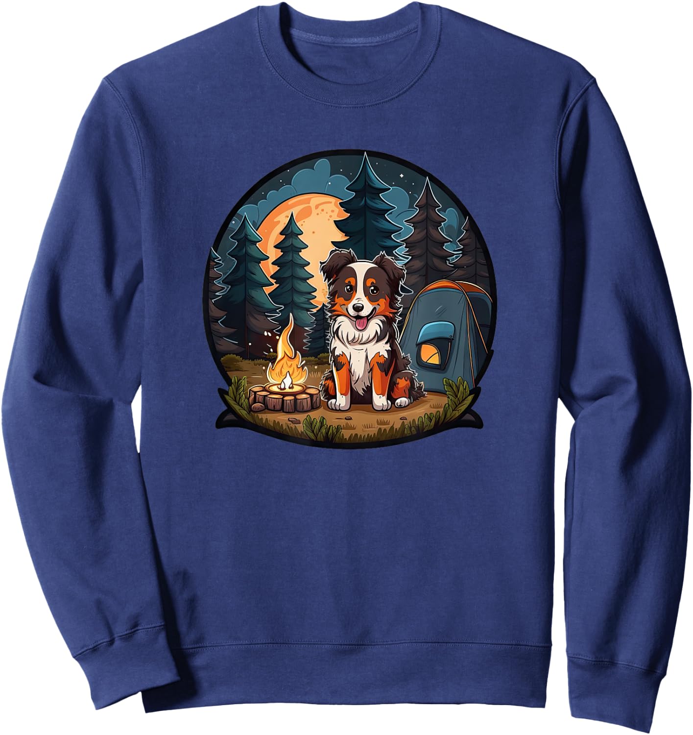 Cute Aussie Dog Camping in the Forest: Australian Shepherd Sweatshirt - Sweatshirt | Navy