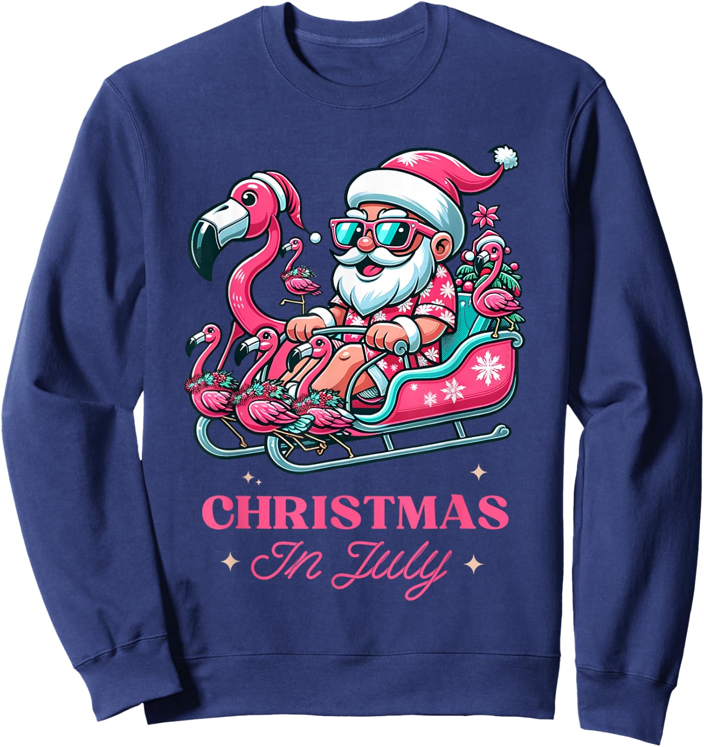 Funny Christmas in July Summer Santa Flamingo Sleigh Xmas Sweatshirt - Sweatshirt | Navy