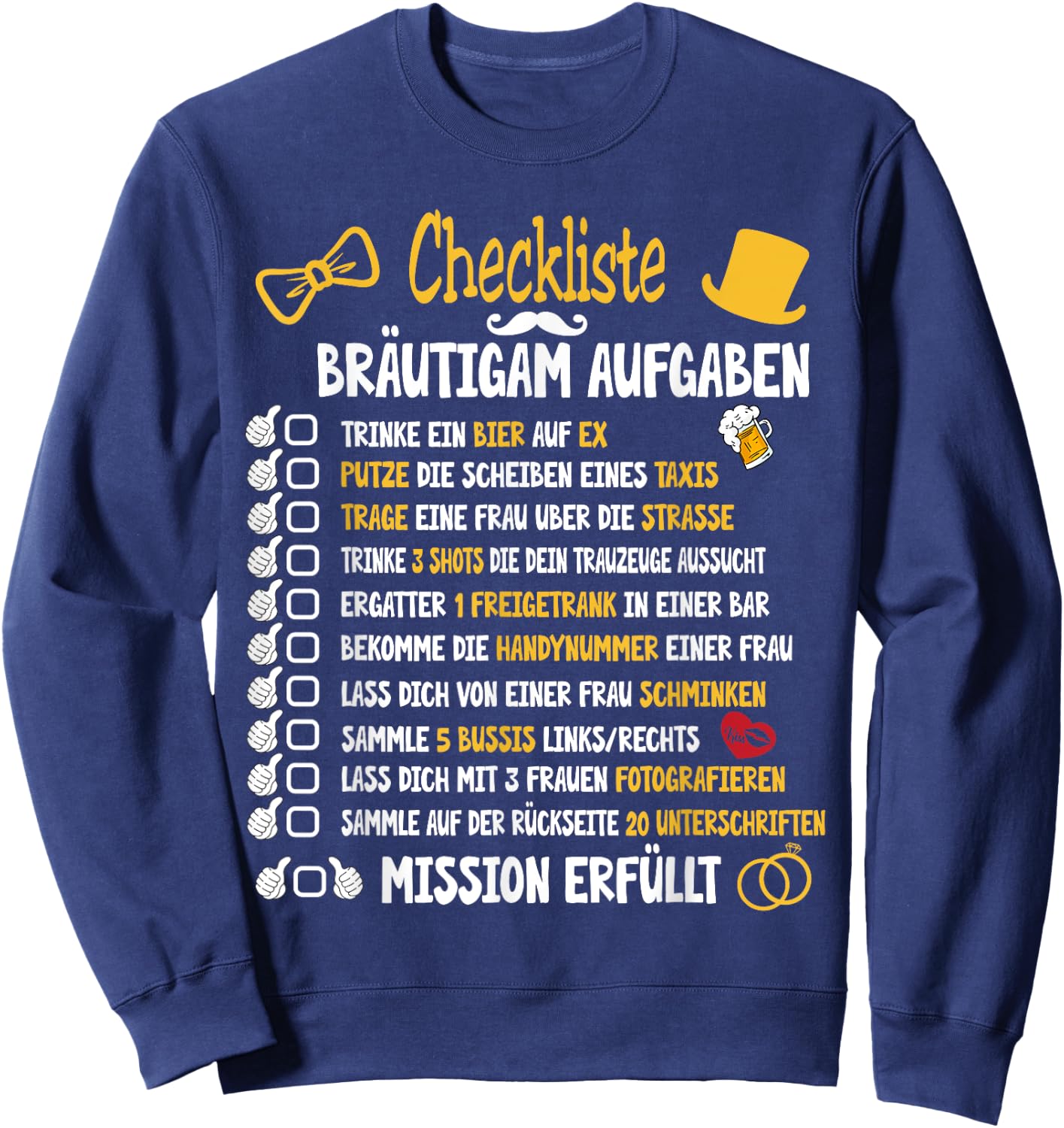 Junggesellenabschied Mann Kostüm & Polter Shirts Groom Tasks Rumbling JGA Checklist Black Small Short Sleeve Classic Fit Sweatshirt - Sweatshirt | Navy