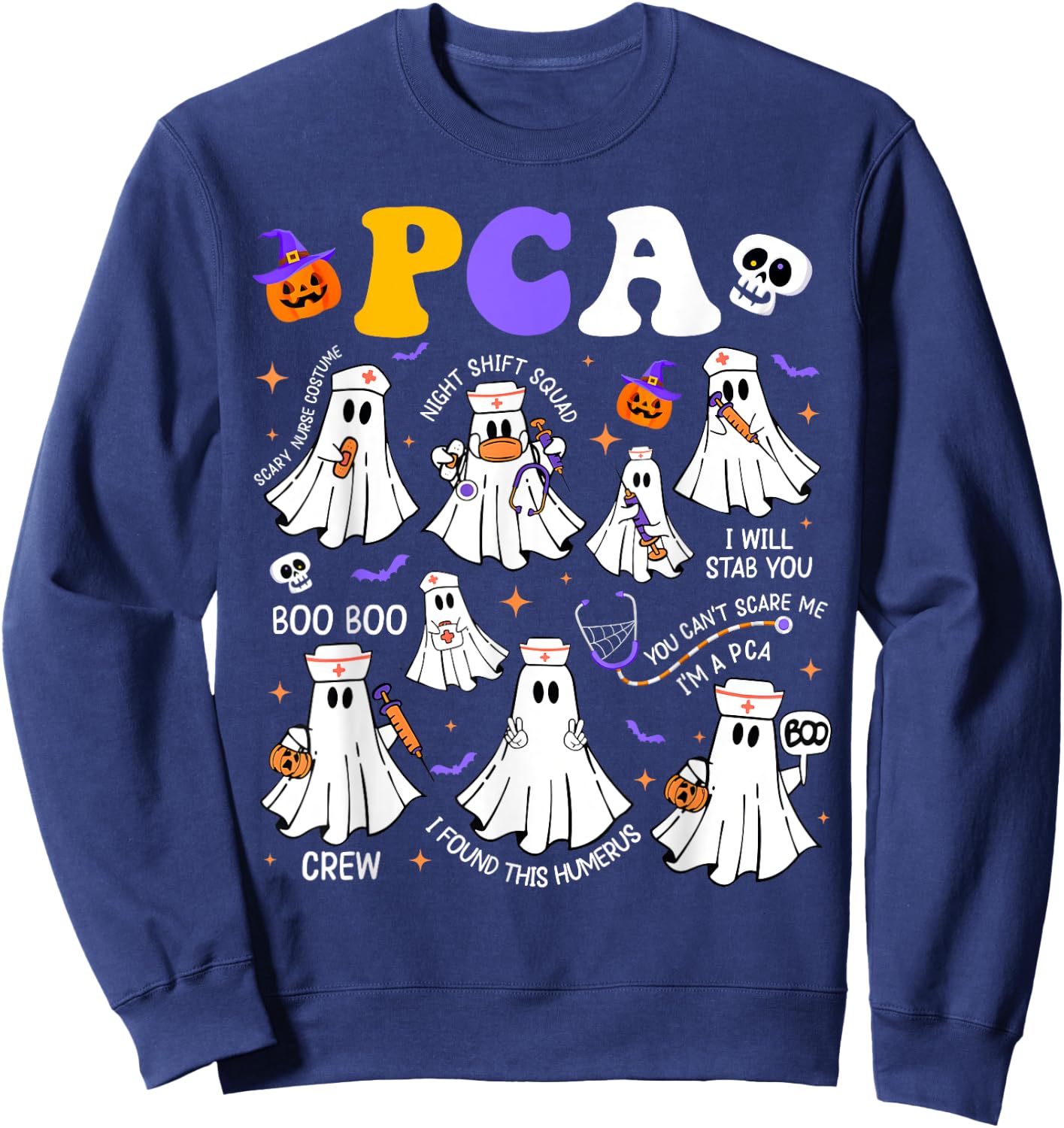 Spooky PCA Ghost Halloween Cute Groovy Nursing Halloween Sweatshirt - Sweatshirt | Navy