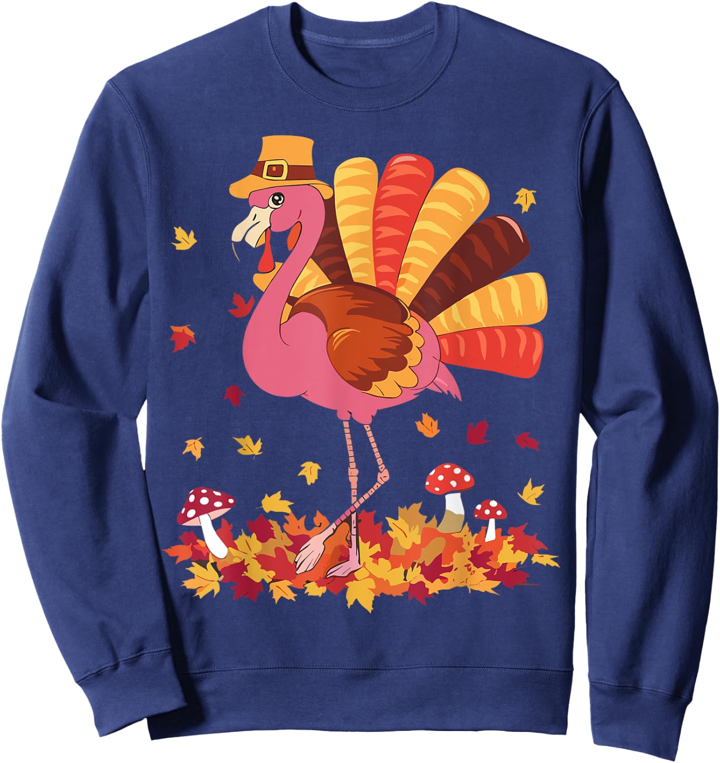 Flamingo Turkey Cute Flamingo Turkey Fall Leaf Thanksgiving Sweatshirt - Sweatshirt | Navy